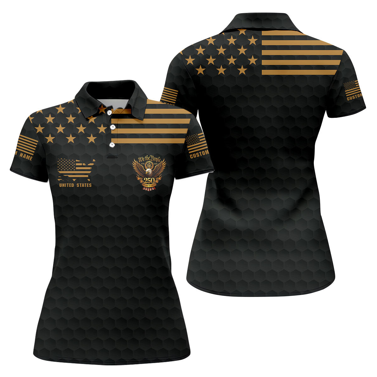 We The People 250 Years Golf Ball Pattern Black Golf Shirt, 4th Of July Patriotic Golf Shirt For Women