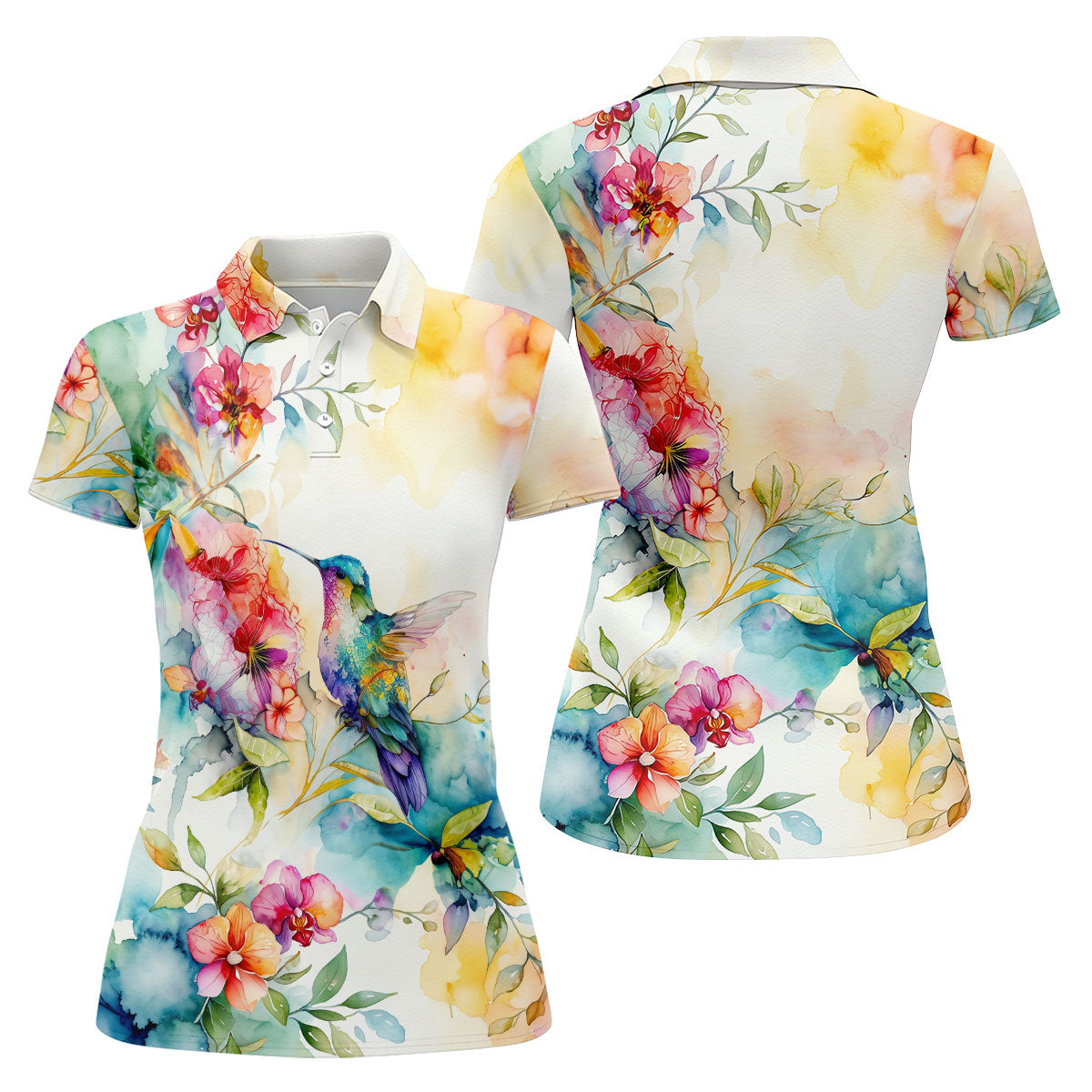 Watercolor Hummingbird Floral Polo Shirt, Ladies Golf Shirts, Women’s Golf Apparel