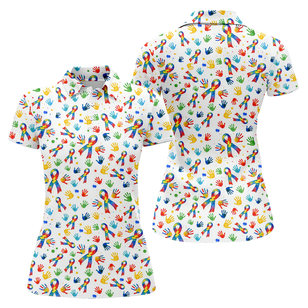 Colorful Handprints Autism Ribbon Women's Golf Tops, Autism Awareness Color Ladies Golf Polos