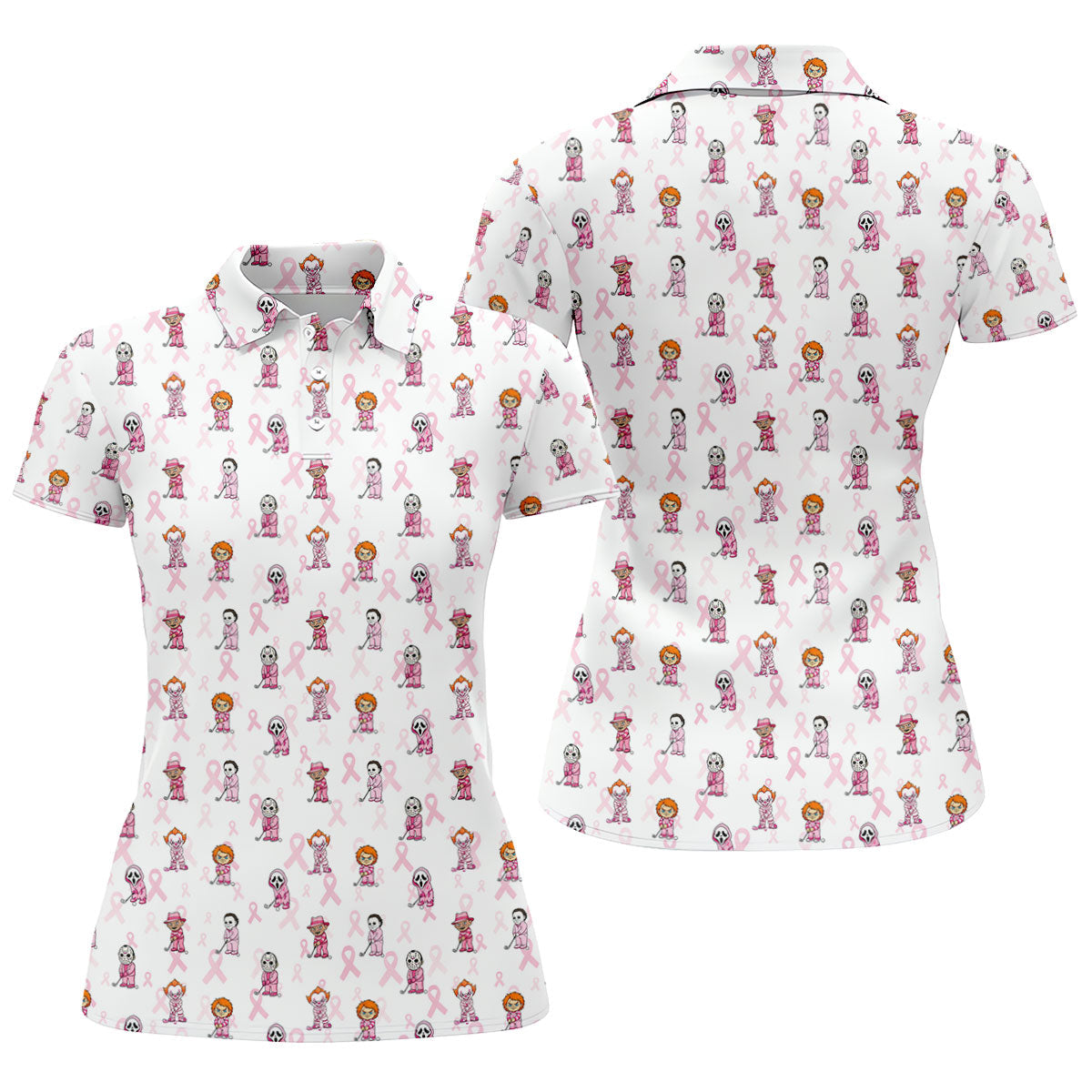 Breast Cancer Chibi Horror Character Polo Shirt, Womens Golf Tops, Golf Polo For Women