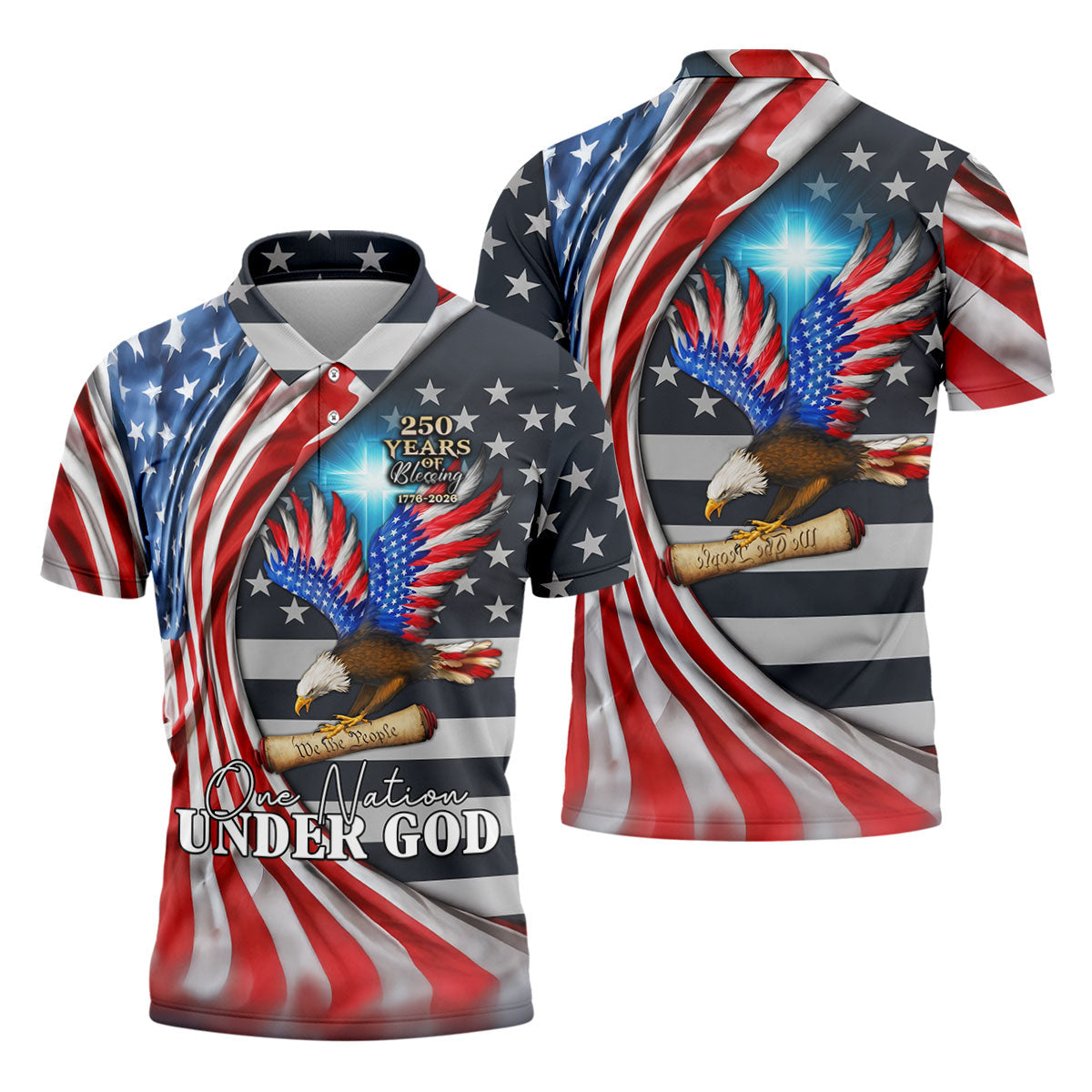 One Nation Under God 250 Years Of Blessing Golf Tops For Men, Patriotic Father's Day Golf Shirt