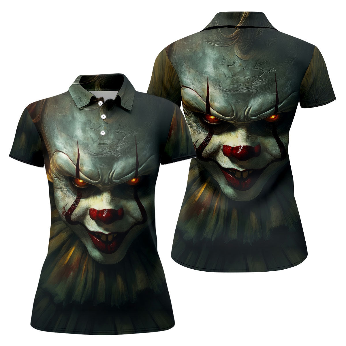 Scary Clown Face Halloween Polo Shirt, Golf Tops For Women, Women’s Golf Apparel