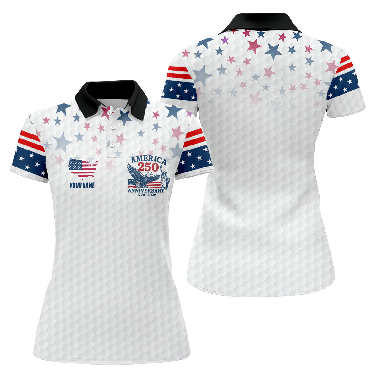 America 250th Anniversary Red White And Blue Stars White Golf Shirt, Patriotic 4th Of July Golf Shirt For Women