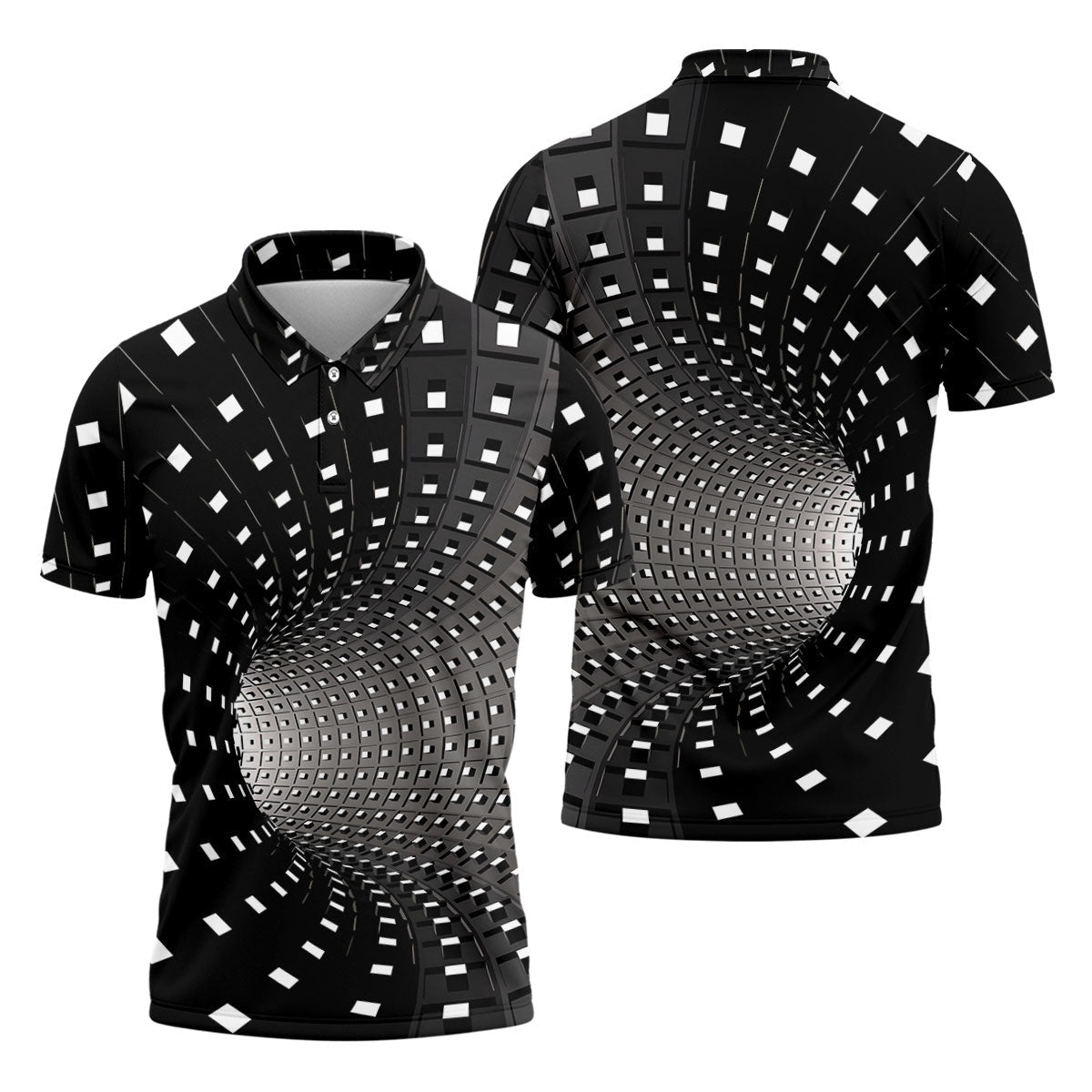 3D Vortex Golf Shirt, Black White Optical Illusion Tunnel Pattern, Golf Shirt For Men