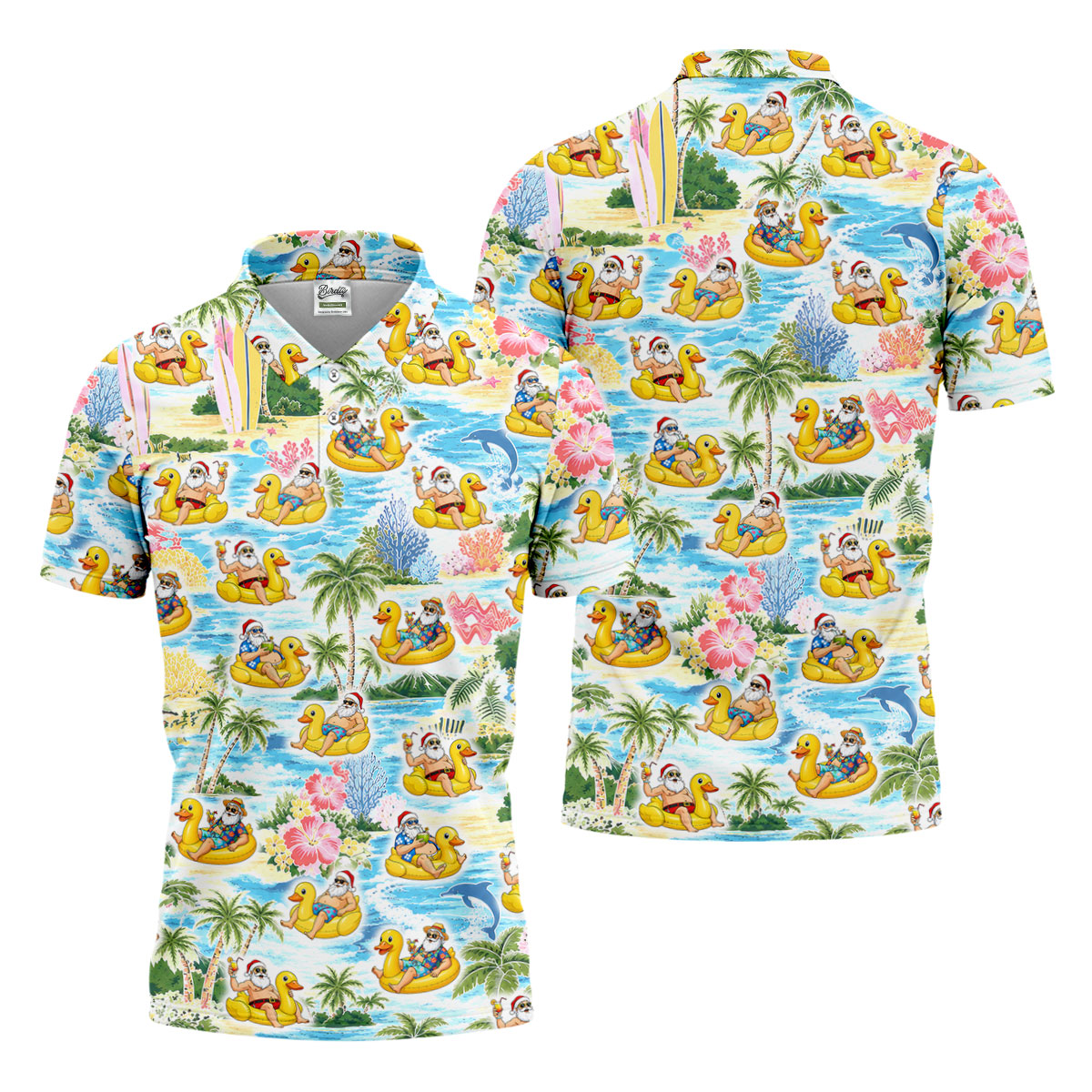Funny Santa Duck Float Tropical Christmas Polo Shirt, Mens Golf Polo, Hawaiian Golf Shirt