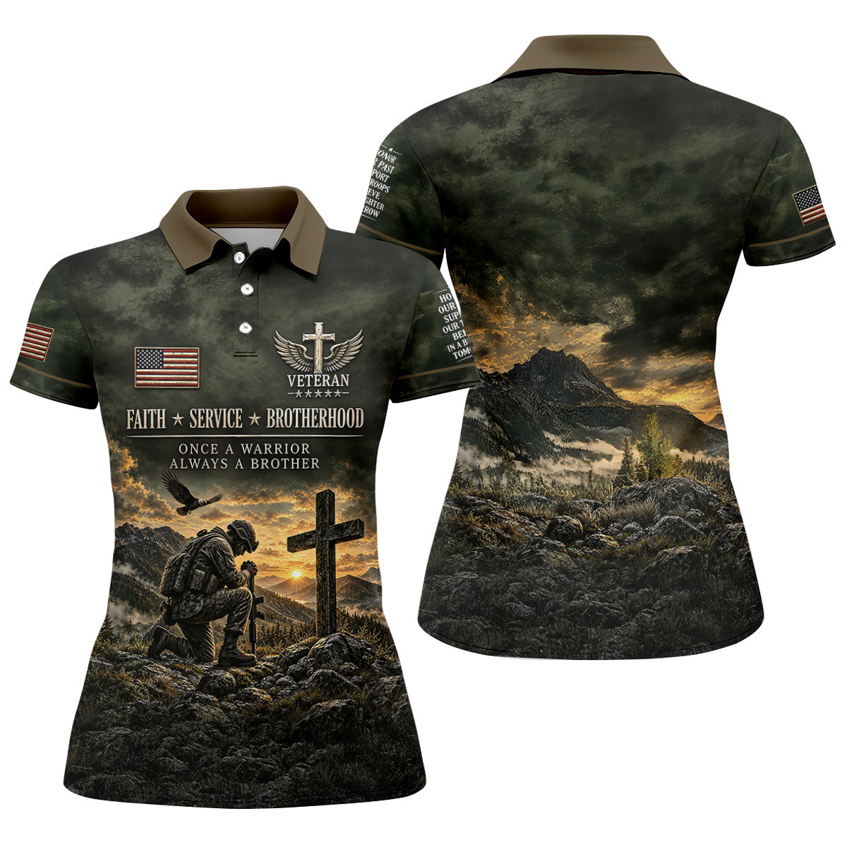 Veterans Day Praying Soldier Cross Polo Shirt, Golf Tops For Women, Ladies Golf Tops
