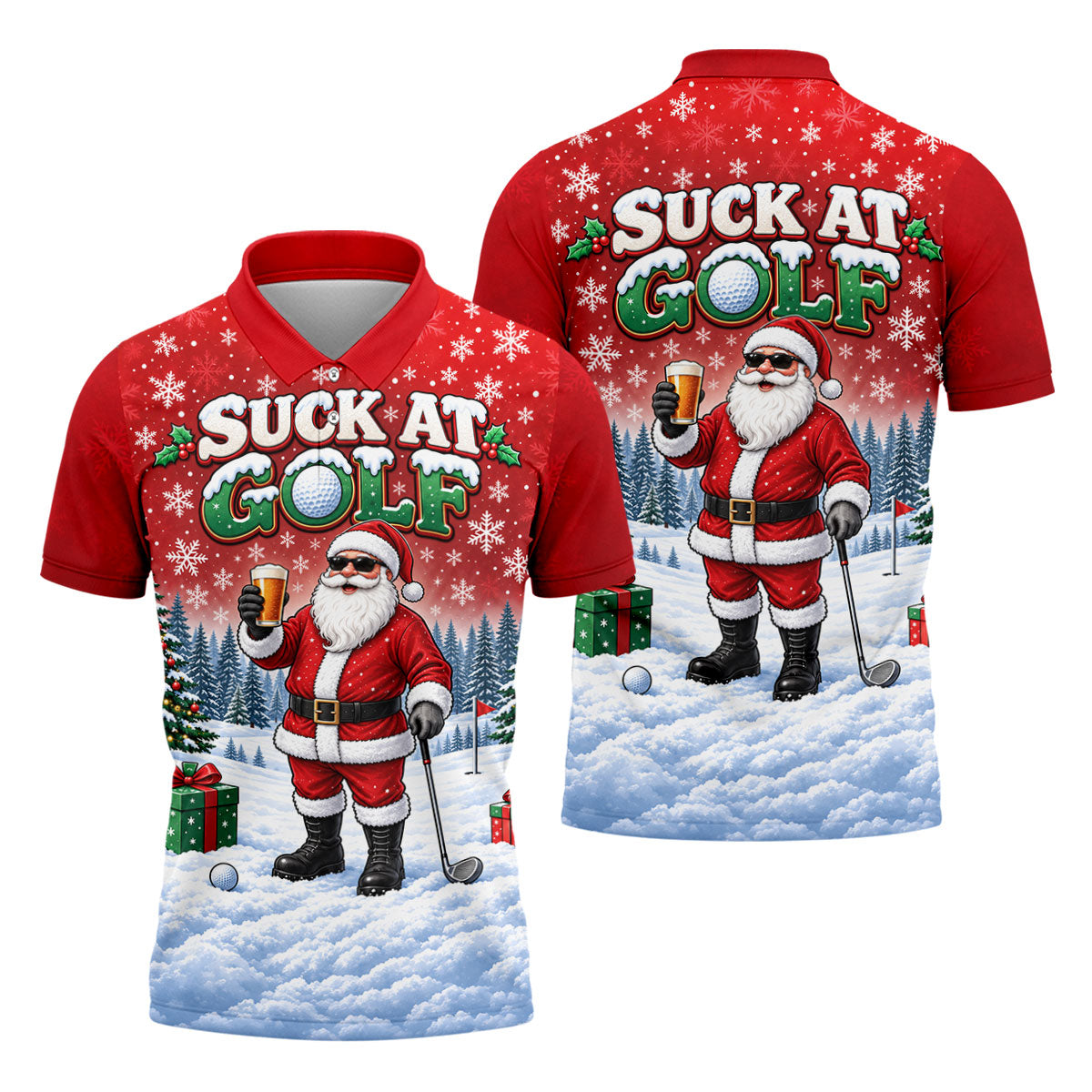 Suck At Golf Santa Beer Christmas Golf Shirt, Ladies Golf Shirts, Golf Tops For Women
