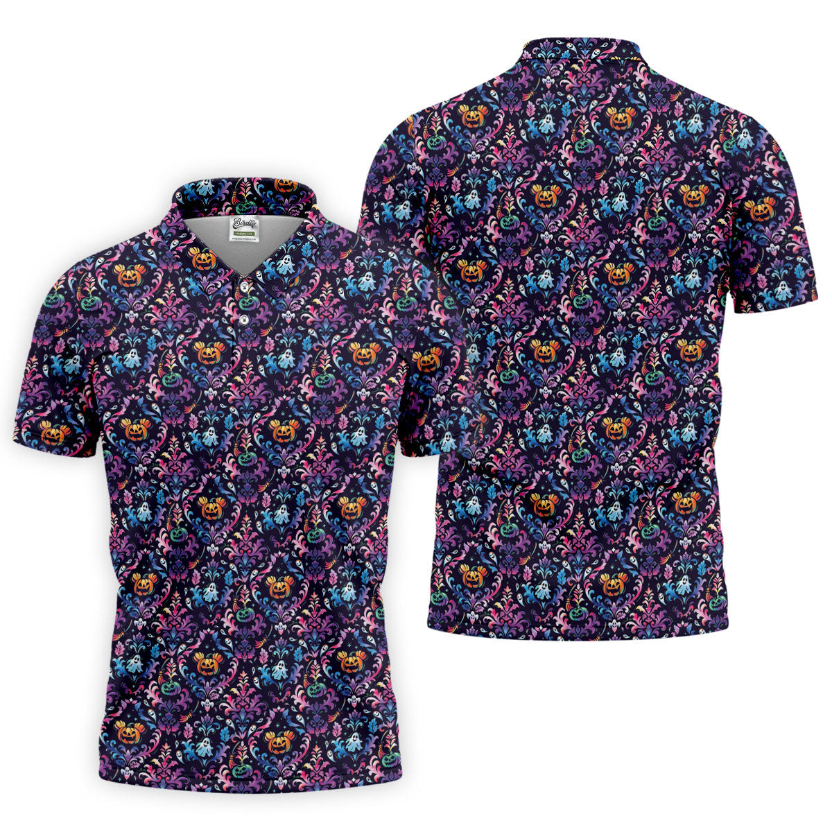 Colorful Ghost Pumpkin Floral Halloween Polo Shirt, Mens Golf Polo, Printed Golf Shirts