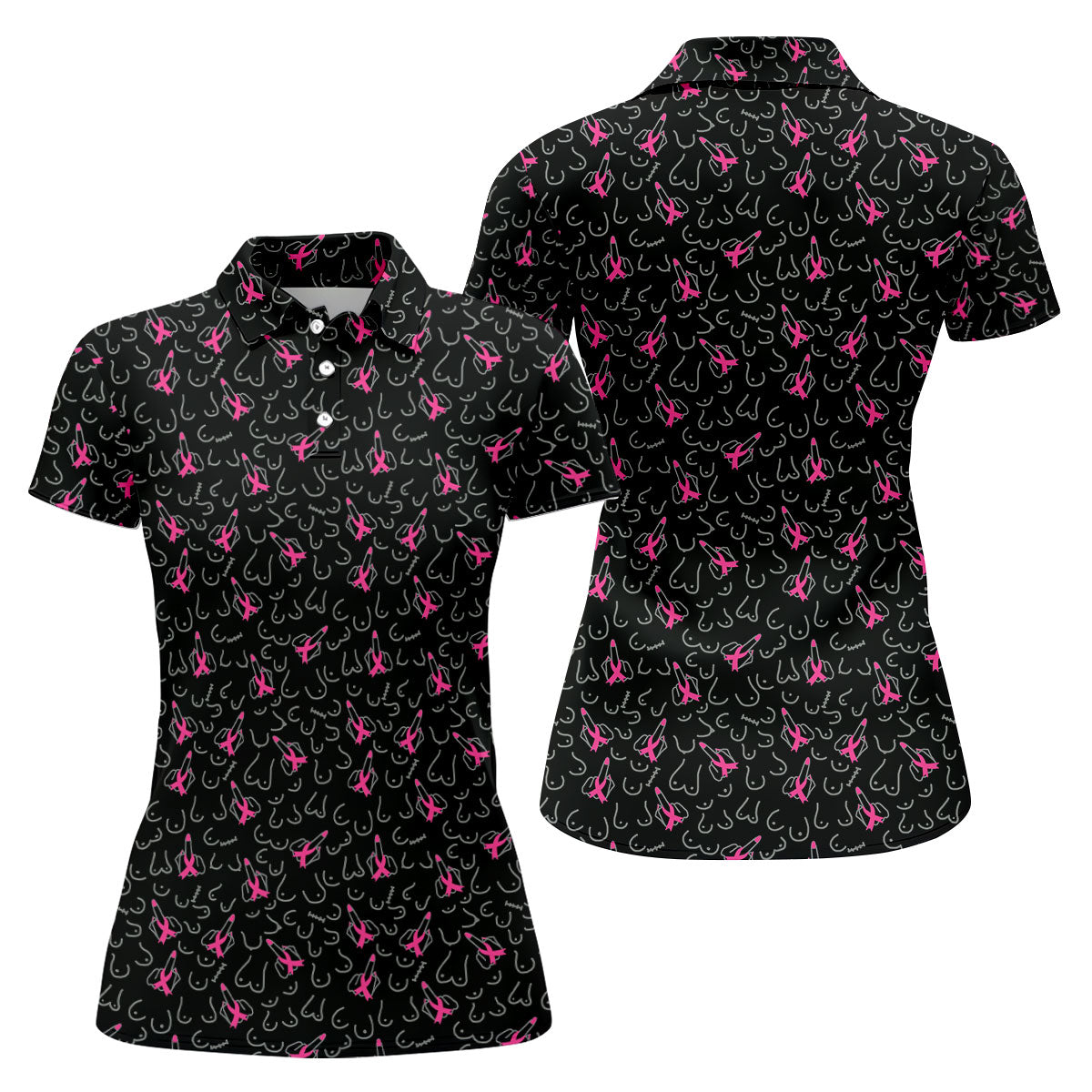 Breast Cancer Ribbon Middle Finger Polo Shirt, Women’s Golf Polo, Golf Shirts For Women