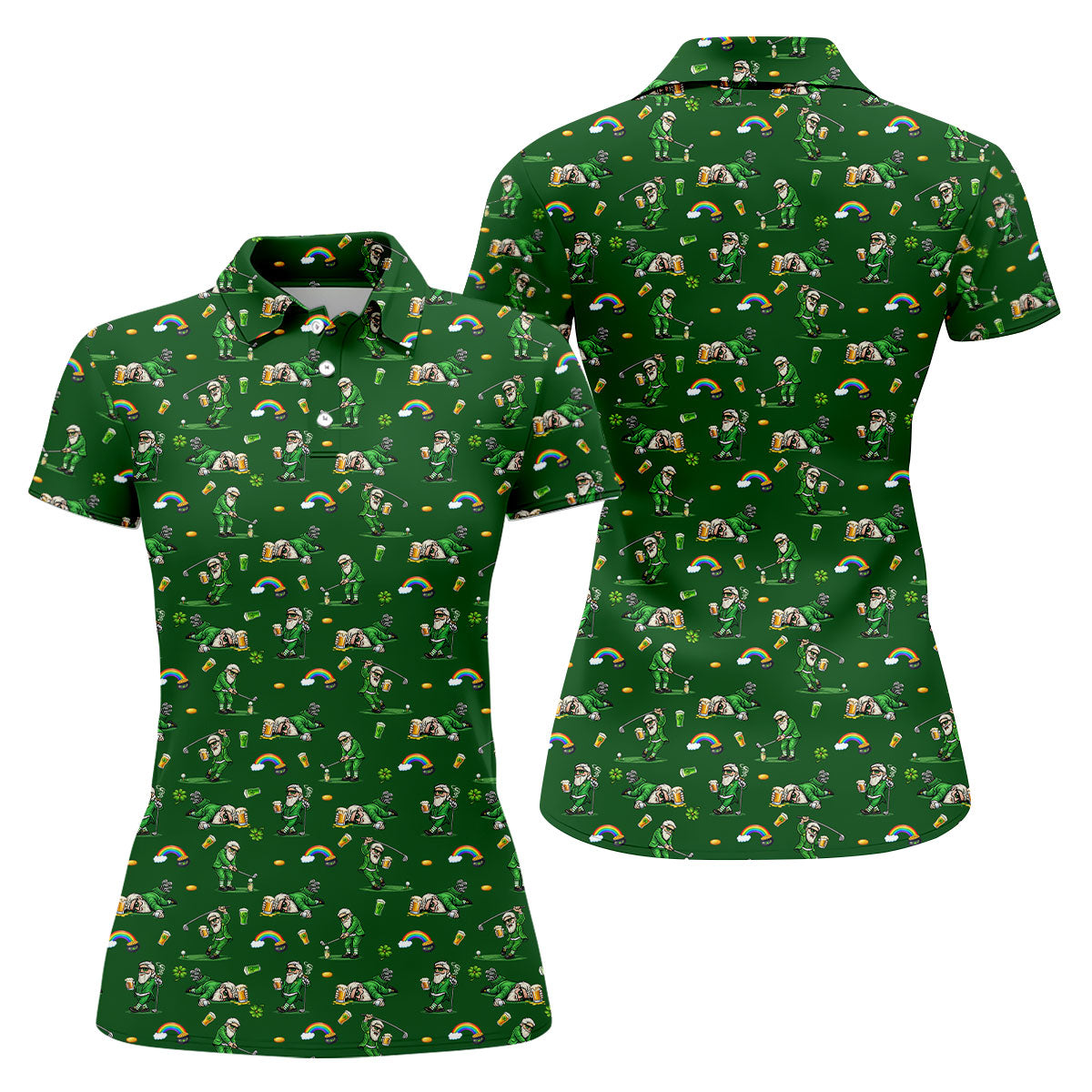 St Patrick's Day Leprechaun Character Golf And Beer Green Golf Shirt, Fun Women's Golf Shirts, Ladies Golf Polos