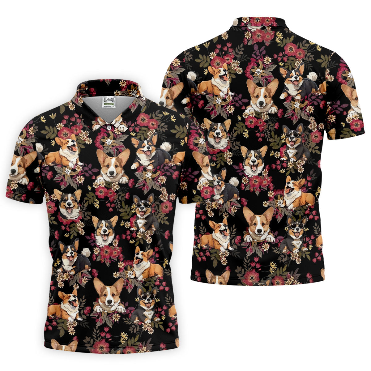 Cute Corgi Floral Hawaiian Pattern Polo Shirt, Mens Golf Polo, Funny Golf Shirt