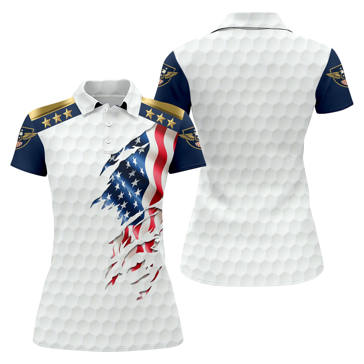 Rugged American Flag With Golf Ball Pattern 4th Of July Women Golf Top, 250th Anniversary Patriotic Golf Shirt
