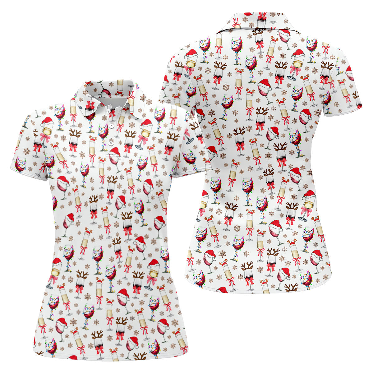 Festive Christmas Wine Glasses Golf Polo Shirt, Women’s Golf Polo, Golf Tops For Women