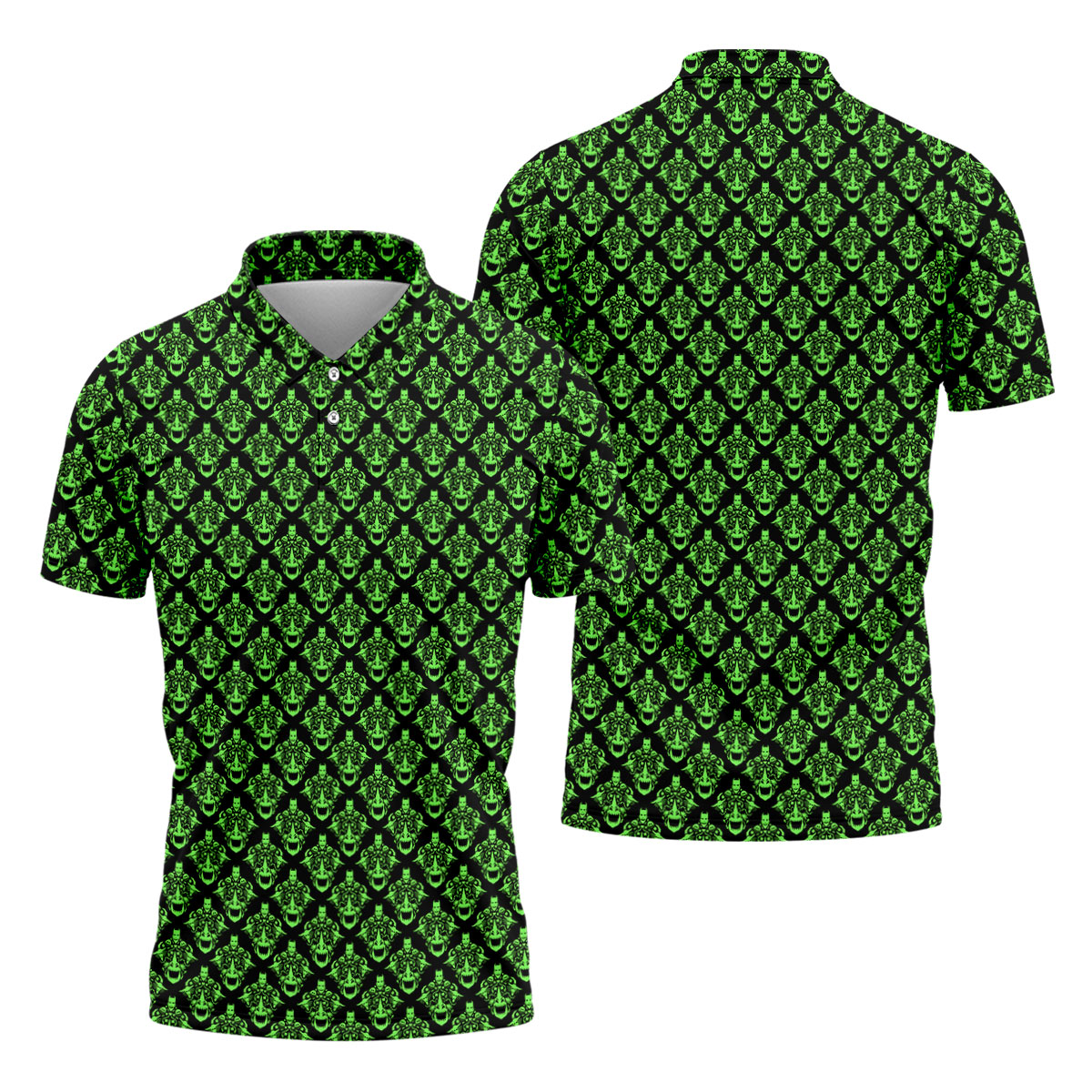 Neon Green Horror Character Pattern Golf Shirt, Mens Golf Polo, Halloween Golf Shirt
