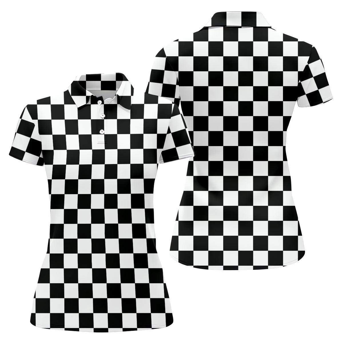 Black White Checkerboard Golf Shirt, Racing Flag Women's Golf Polo, Polo Shirts For Women