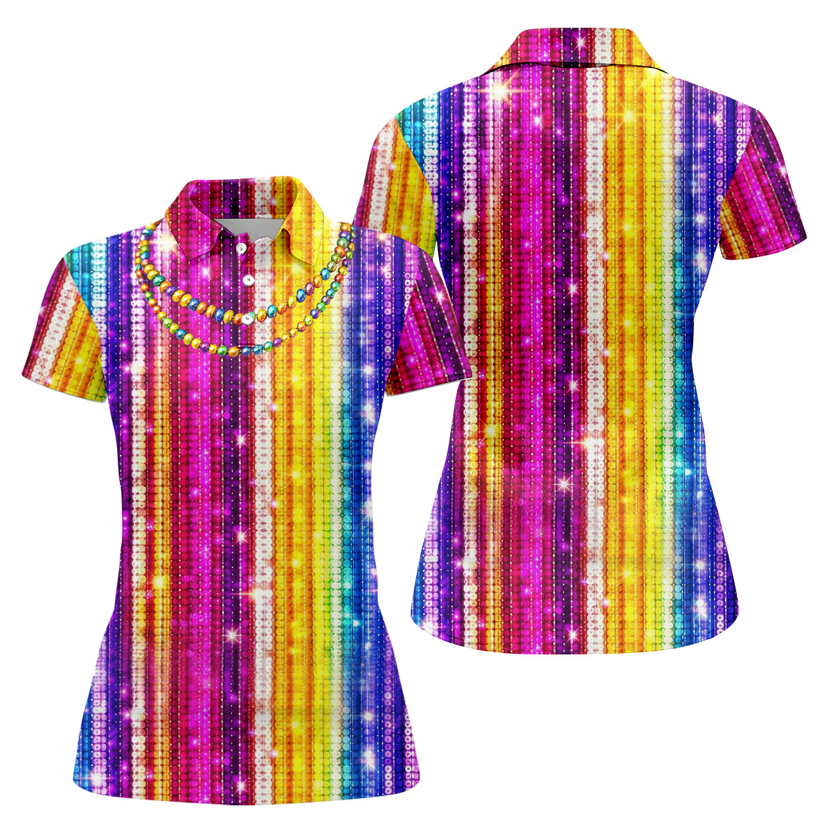 Mardi Gras Sequinned Glitter Print Women's Golf Shirts, Ladies Golf Polos, Golf Shirt For Women