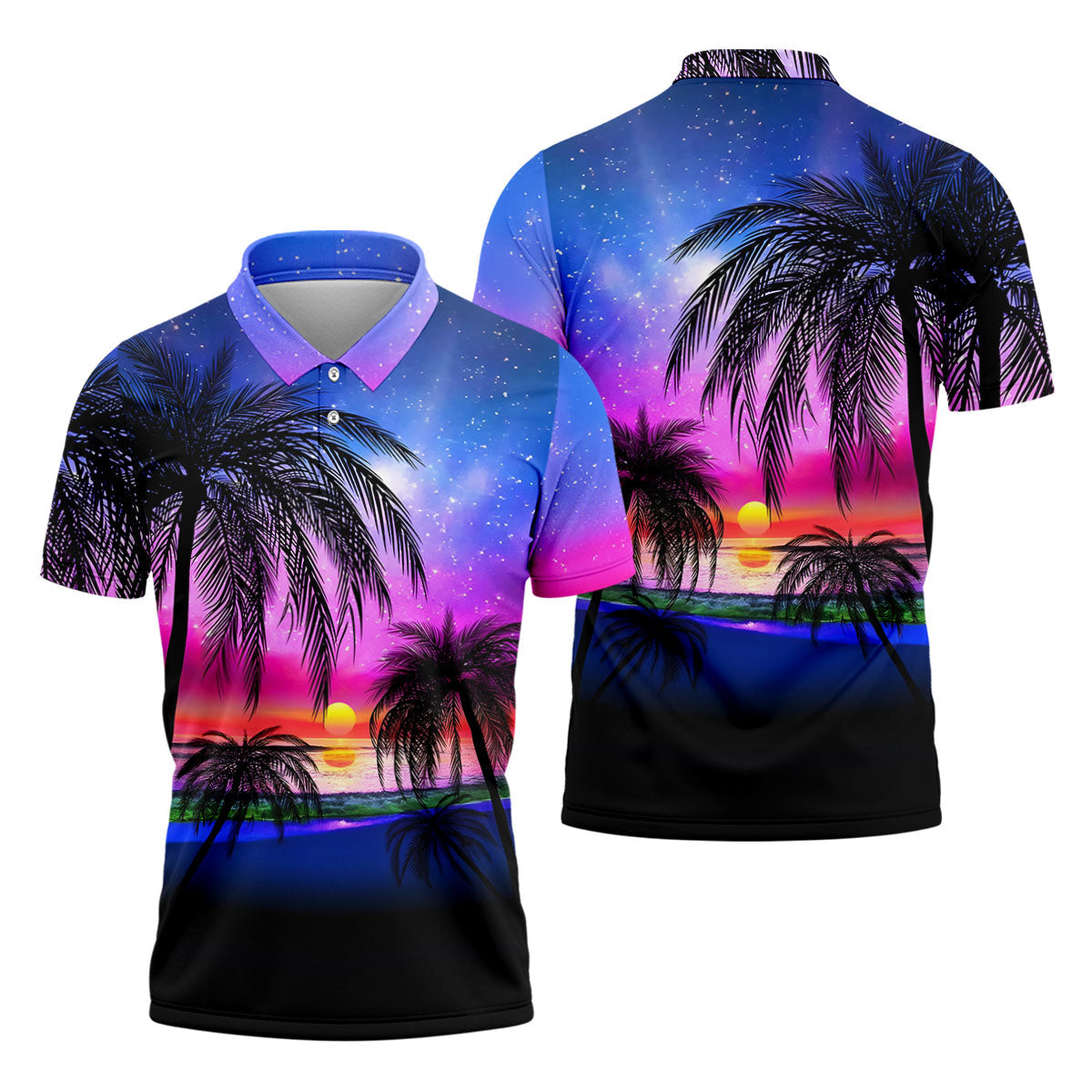 Palm Tree Beach Sunset Golf Shirt, Mens Golf Polo, Printed Golf Shirts, Golf Apparel For Men