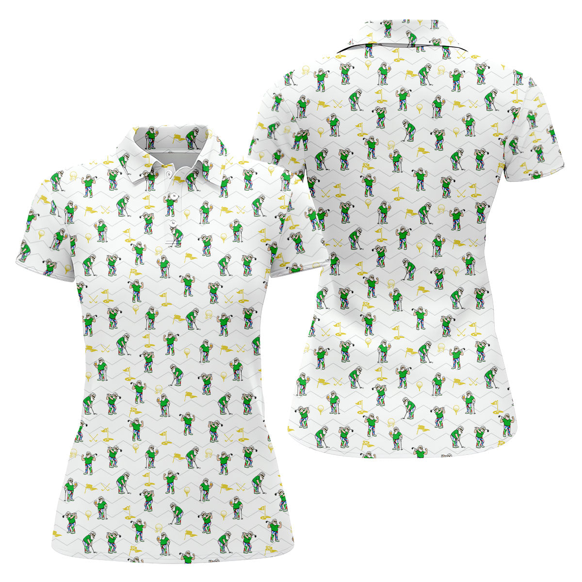 Funny Bearded Golfer Cartoon Pattern Polo Shirt, Womens Golf Tops, Golf Tops For Women