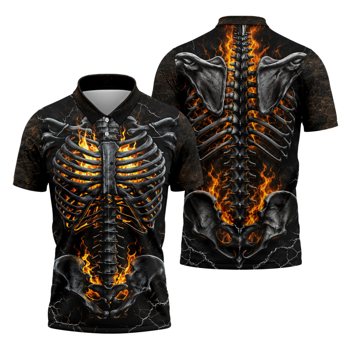 Burning Skeleton Rib Cage Halloween Polo Shirt, Mens Polo Shirts, Golf Apparel For Men