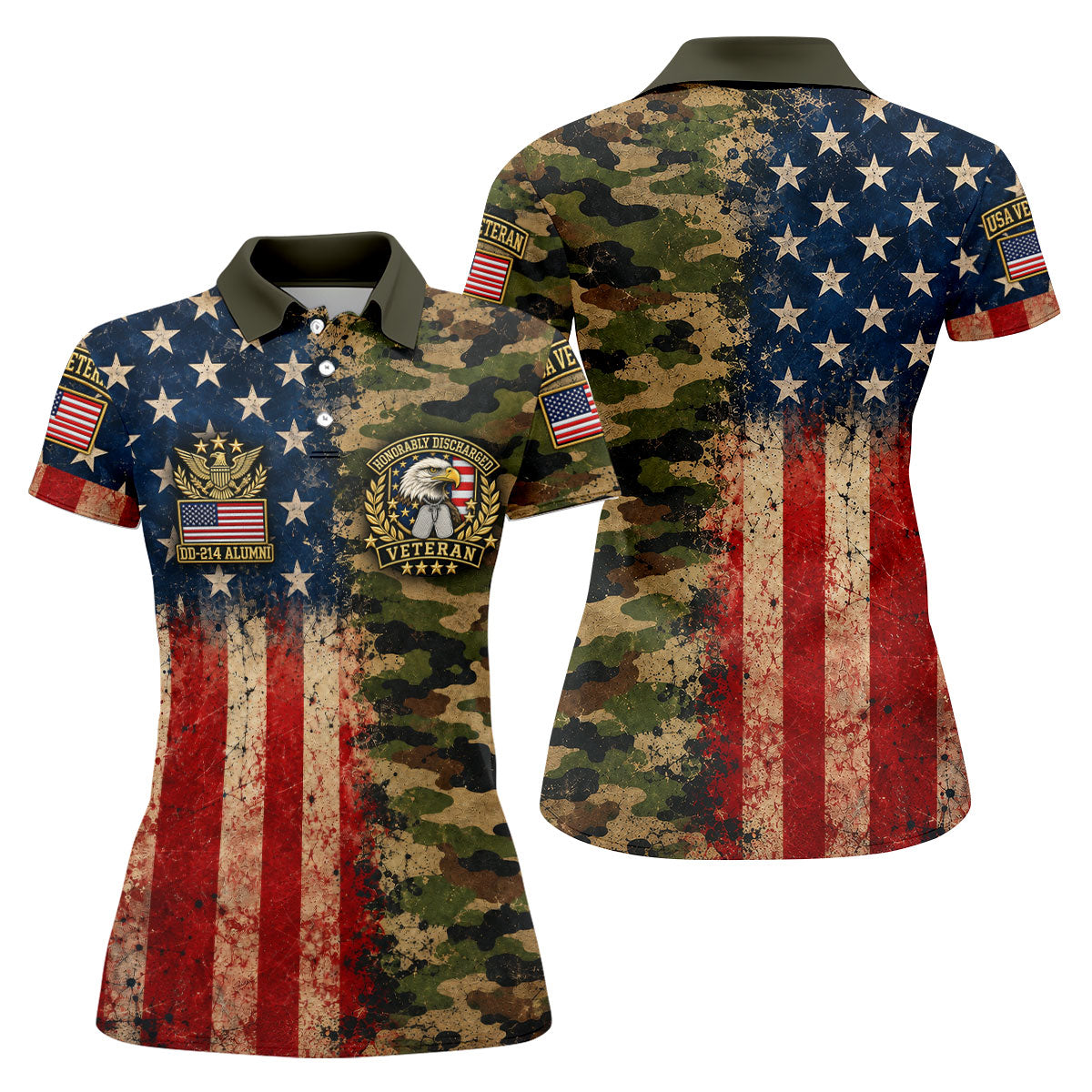 DD-214 Eagle Split USA Flag Camo Polo Shirt, Veterans Day Shirt, Golf Tops For Women