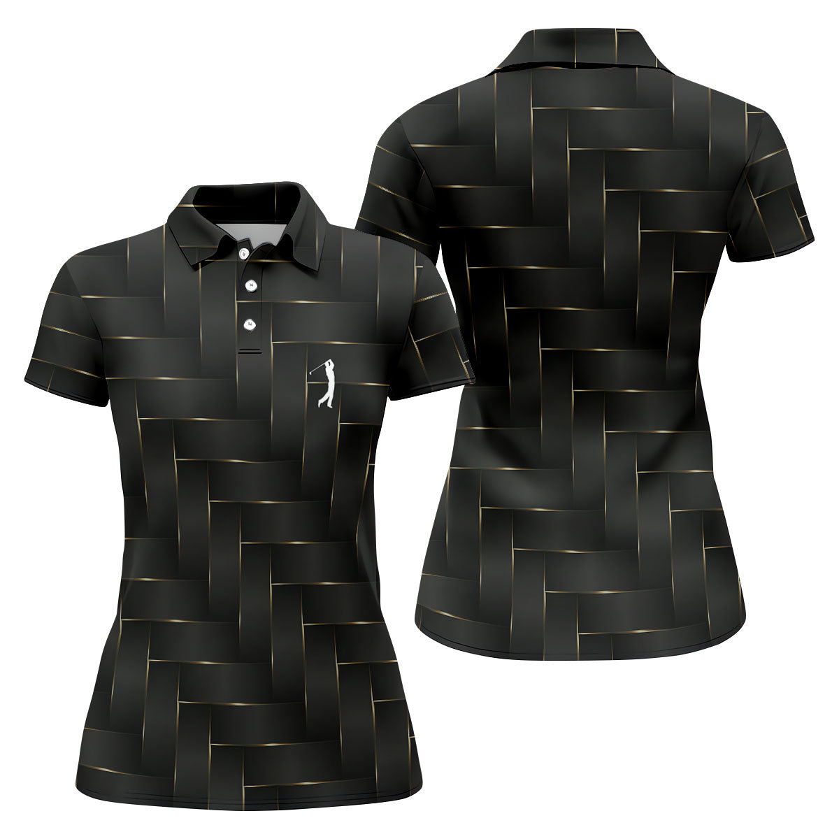 Black And Gold Geometric 3D Pattern Women's Golf Tops, Golf Shirt For Women, Ladies Golf Shirts