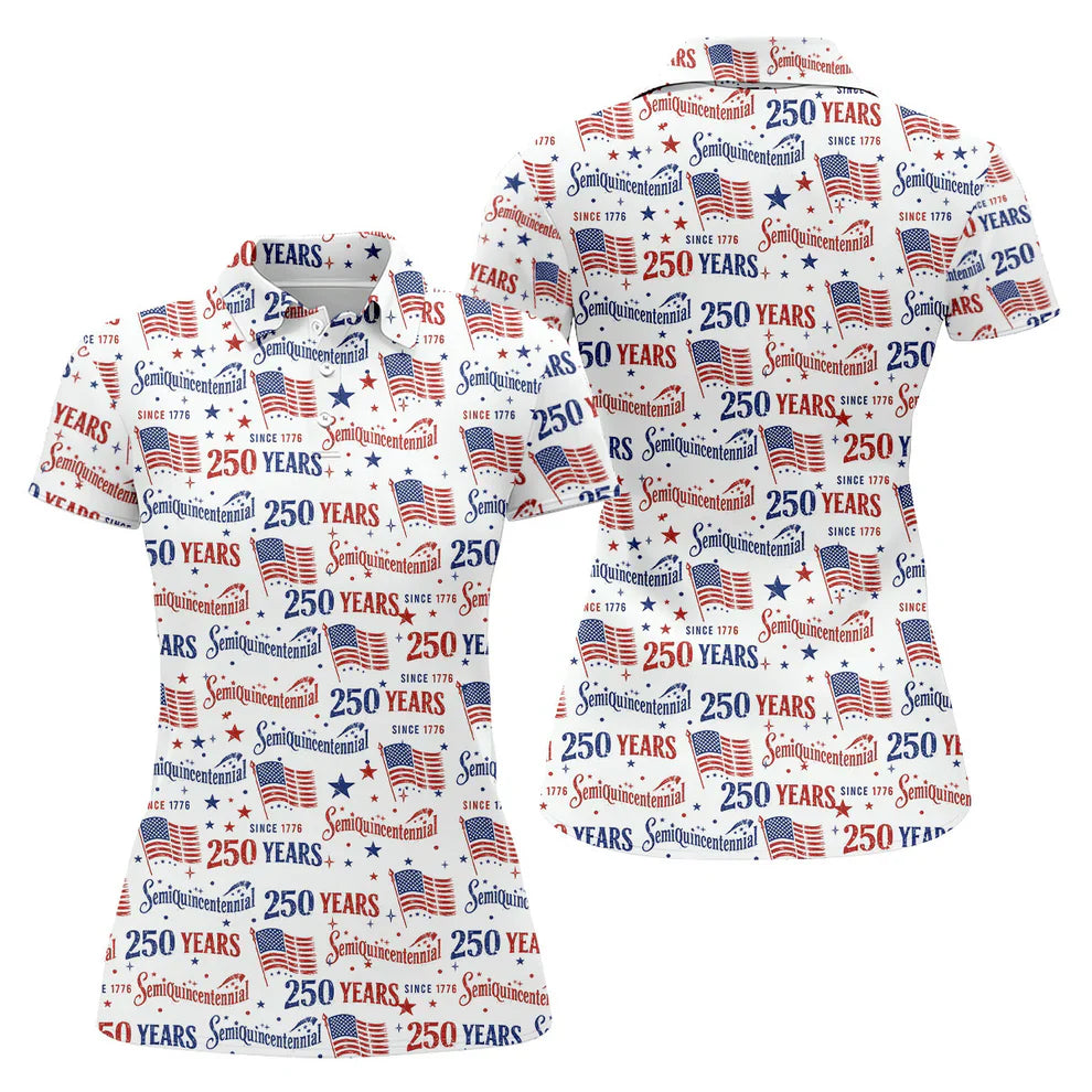 Semiquincentennial 250 Years Distressed American Flag Golf Shirt, Patriotic 4th Of July Golf Shirt For Women