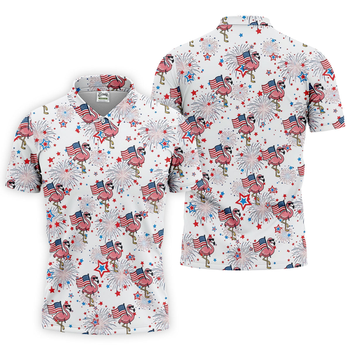 Patriotic Flamingo American Flag Polo Shirt, Mens Golf Polo, Golf Shirts For Men