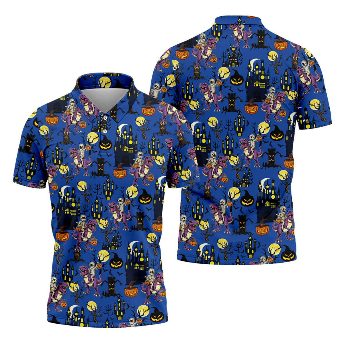 Dinosaur Mummy Pumpkin Halloween Polo Shirt, Mens Golf Shirts, Golf Polo Shirts For Men