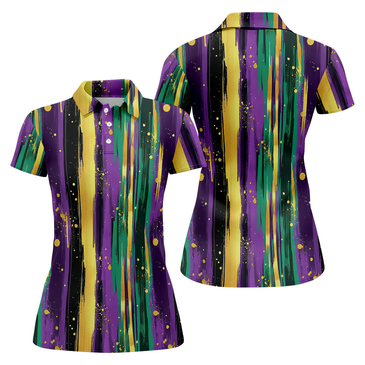 Green Purple Gold Splatter Effect Mardi Gras Golf Shirt, Women's Golf Tops, Ladies Golf Polos