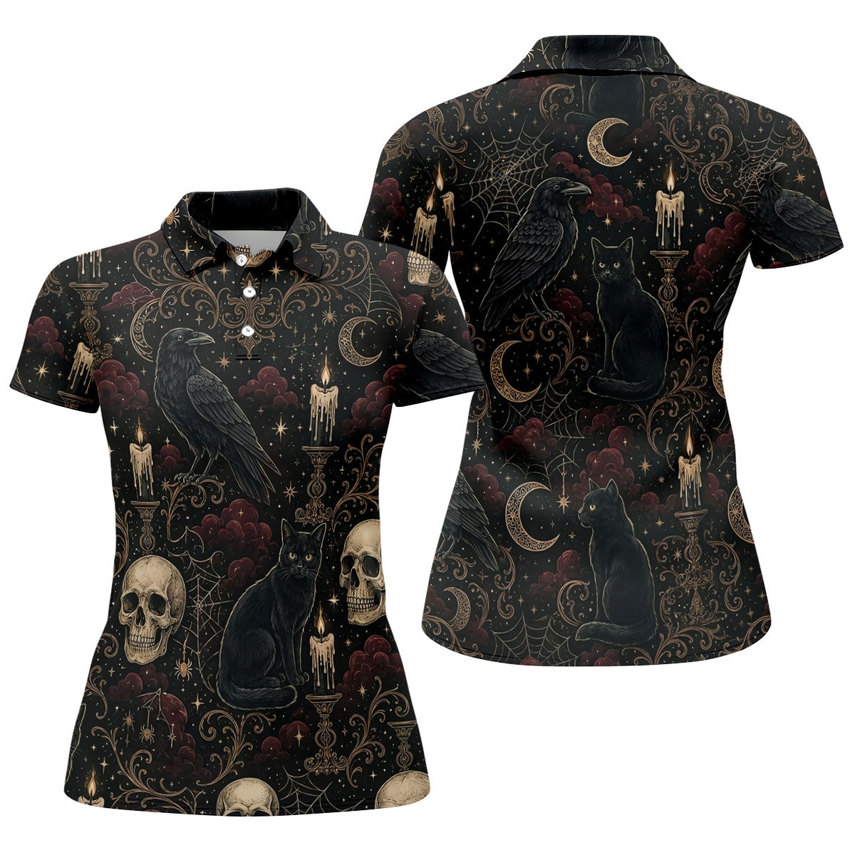 Gothic Raven Black Cat Skull Halloween Polo Shirt, Golf Polo For Women, Ladies Golf Shirts