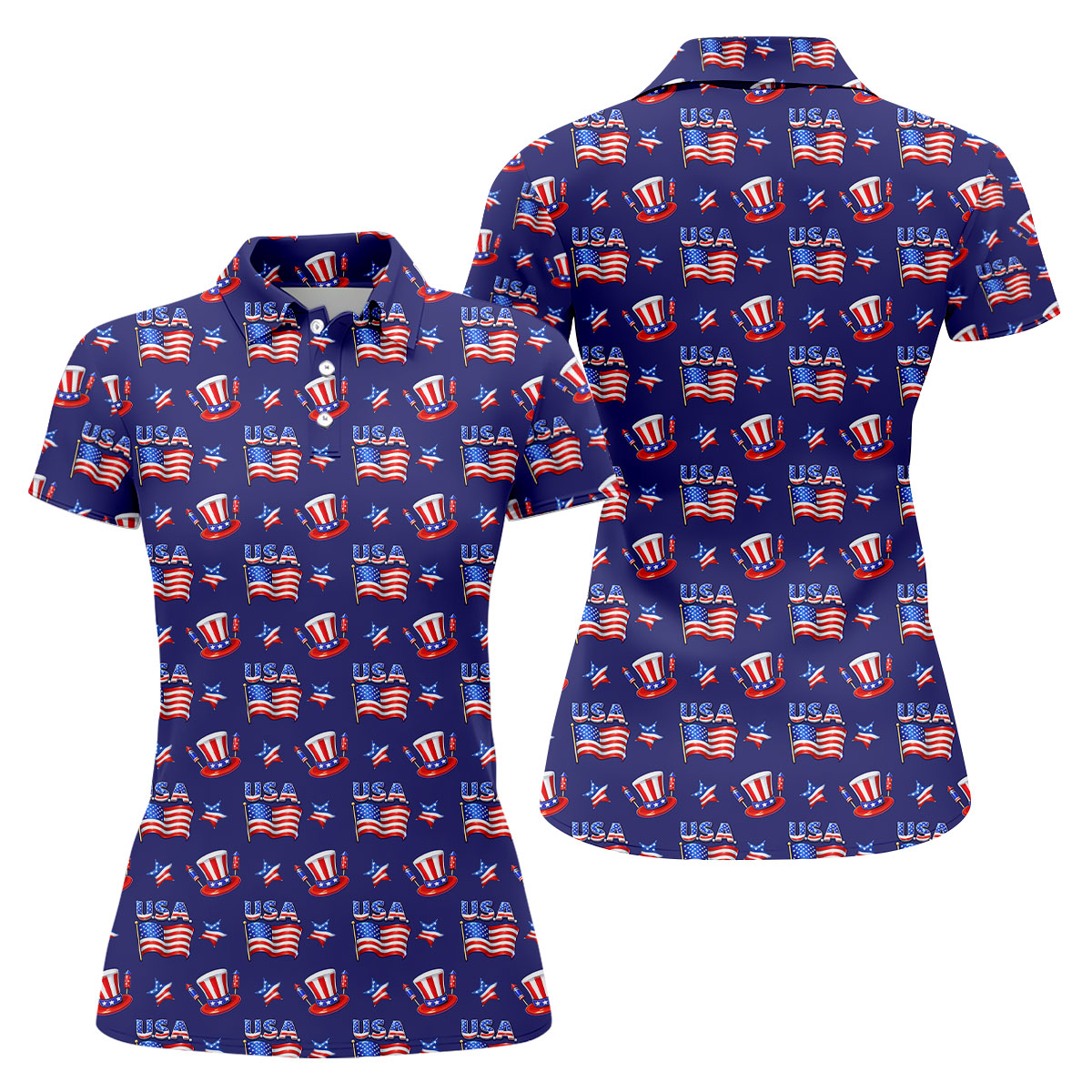 Waving Flags Uncle Sam Hats Seamless Pattern 250th Anniversary Golf Shirt For Women, Patriotic Golf Shirt
