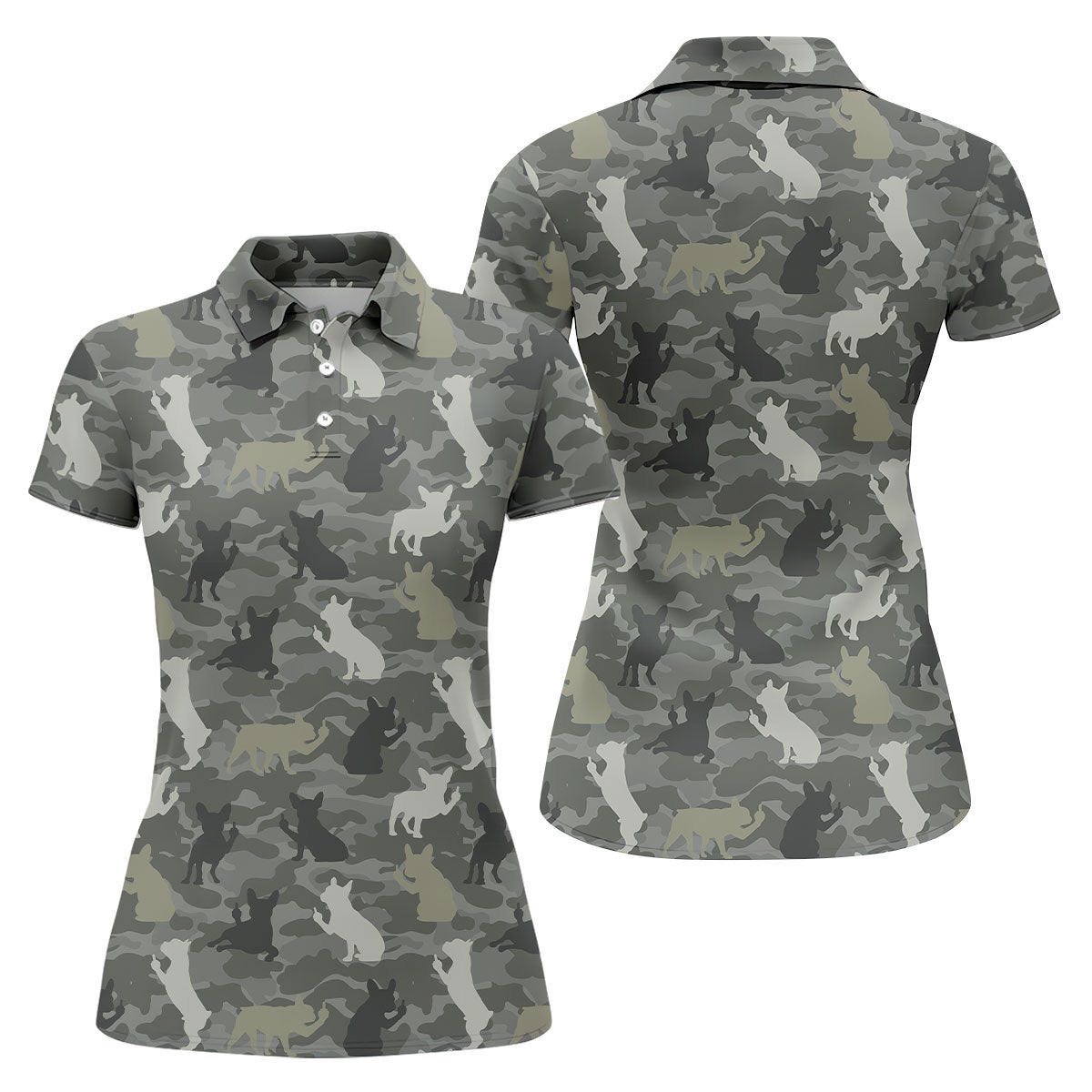 Grey Camo French Bulldog Pattern Golf Shirt, Women's Golf Shirt, Golf Polo For Women, Golf Shirts For Women