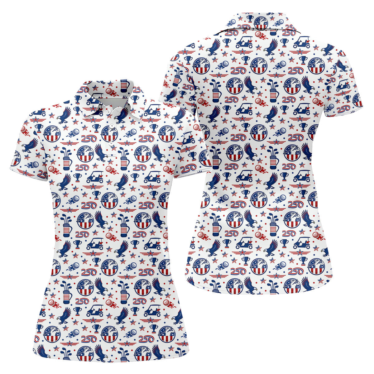 Bald Eagle American Flag Golf Pattern 4th Of July Women Golf Top, 250th Anniversary Patriotic Golf Shirt