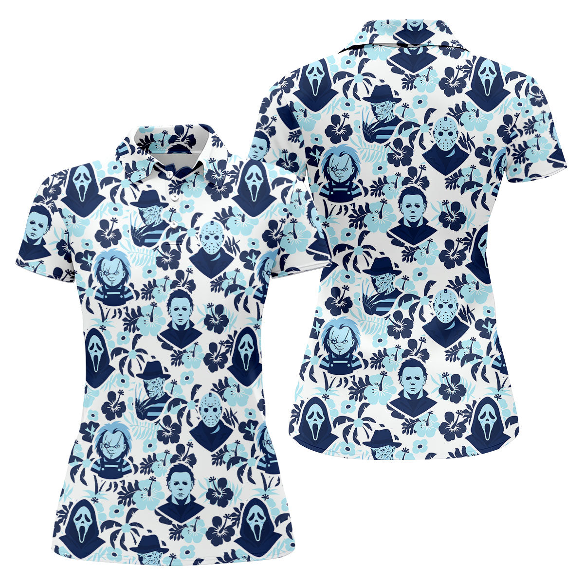 Blue Tropical Horror Character Halloween Golf Shirt, Women's Golf Apparel, Printed Golf Shirt