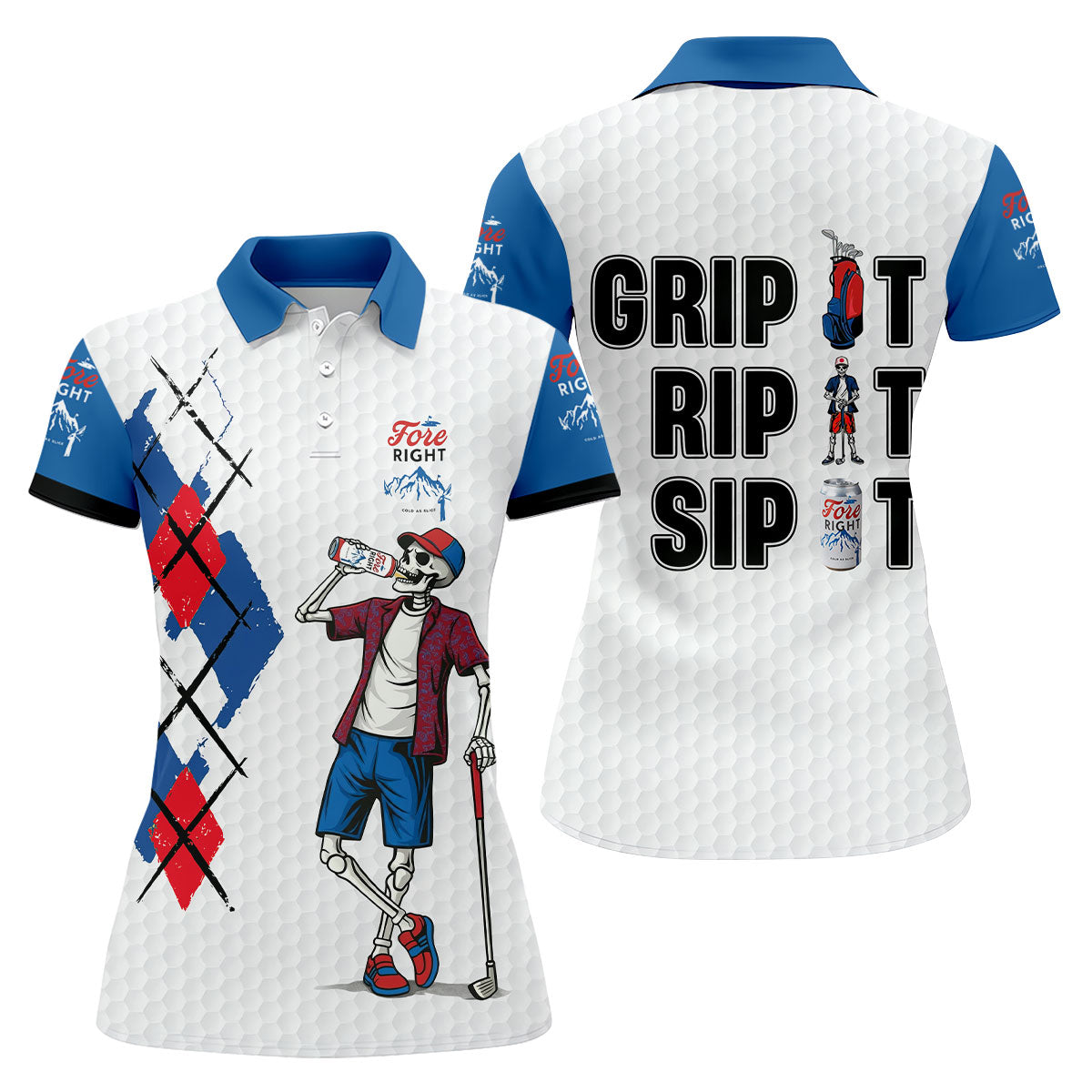 Fore Right Funny Skeleton Golf And Beer Red White  Women's Golf Tops, Ladies Golf Shirts