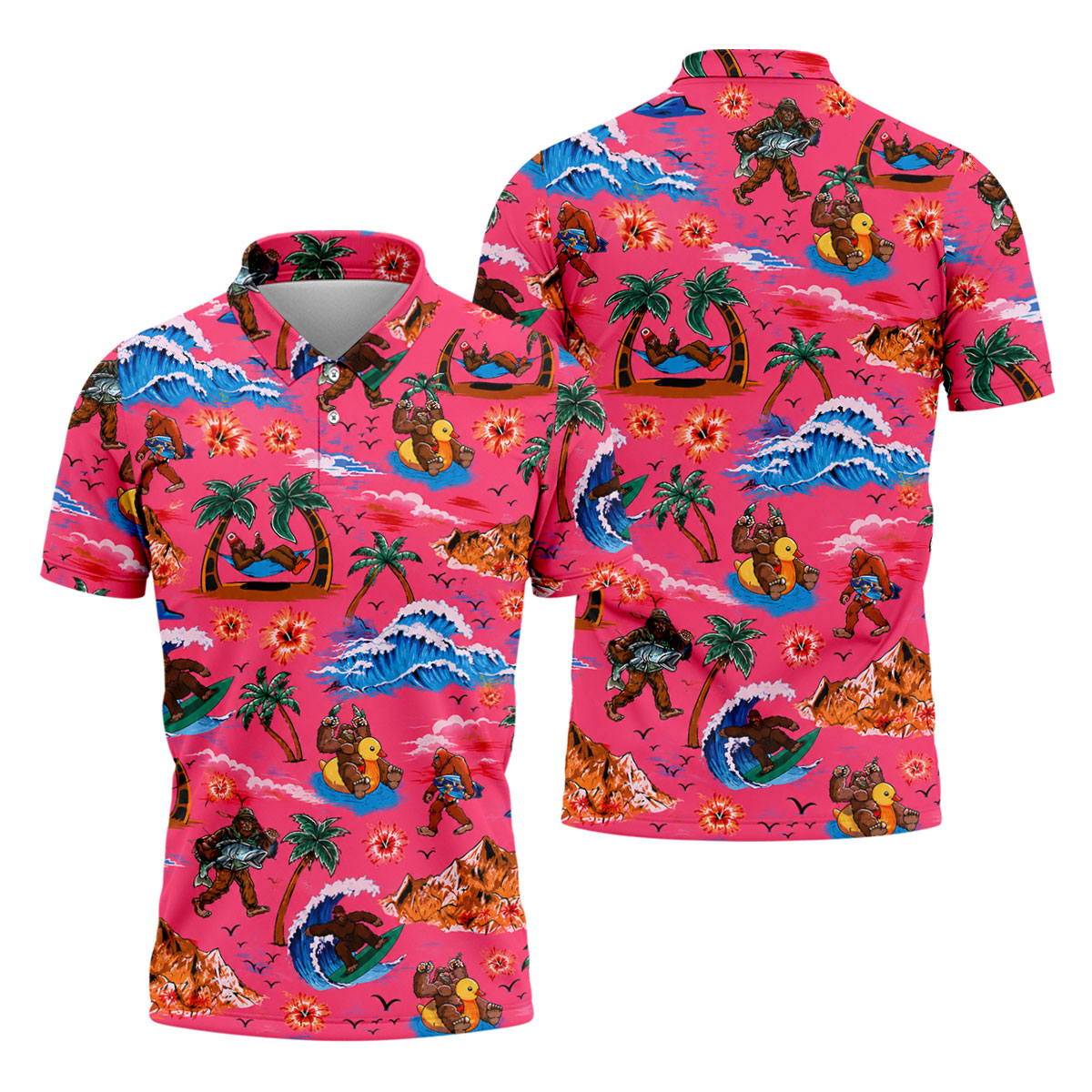 Pink Bigfoot Aloha Beach Vacation Golf Shirt, Mens Golf Polo, Printed Golf Shirts