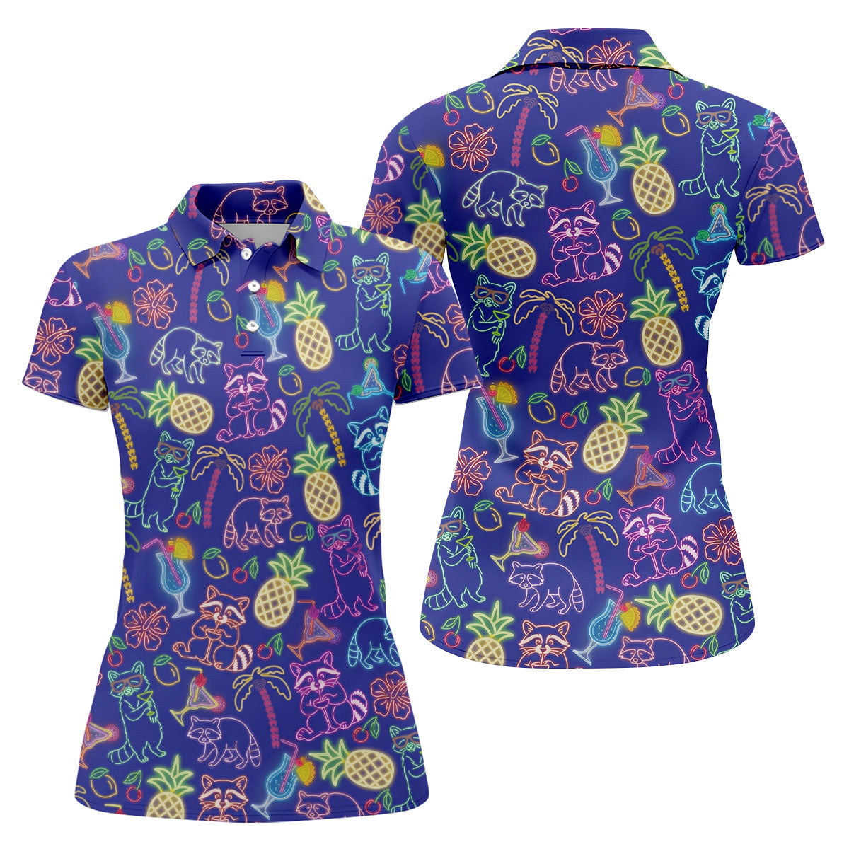 Neon Tropical Raccoon Cocktail Pattern Hawaiian Golf Shirt, Women's Golf Tops, Ladies Golf Shirts