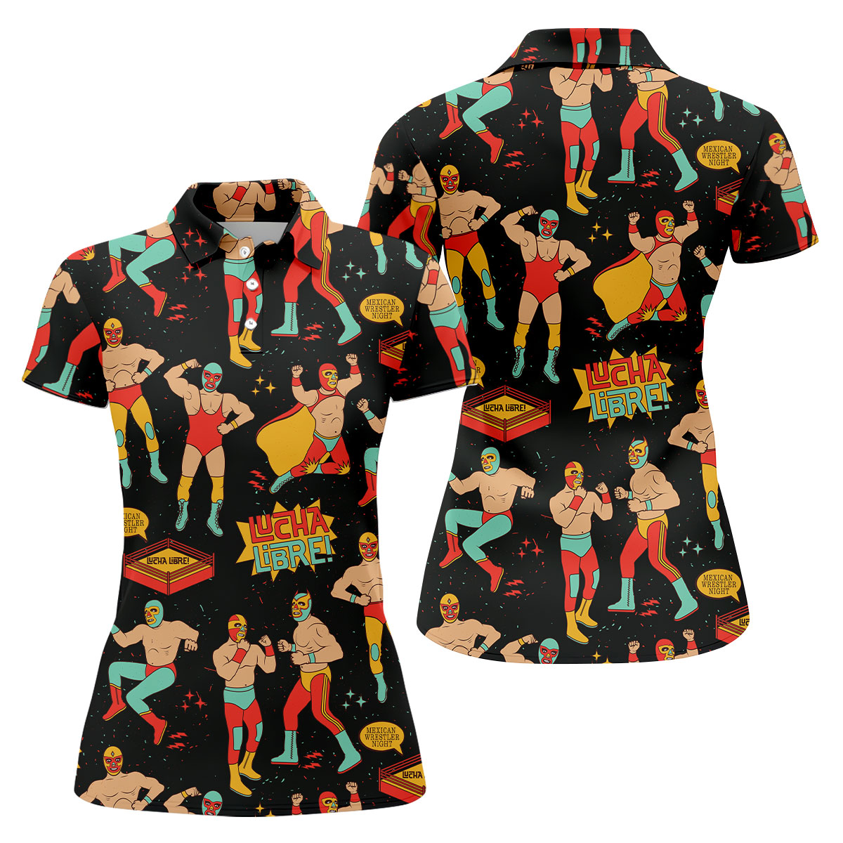 Black Lucha Libre Mexican Wrestler Pattern Golf Shirt, Ladies Golf Shirts, Golf Polo For Women