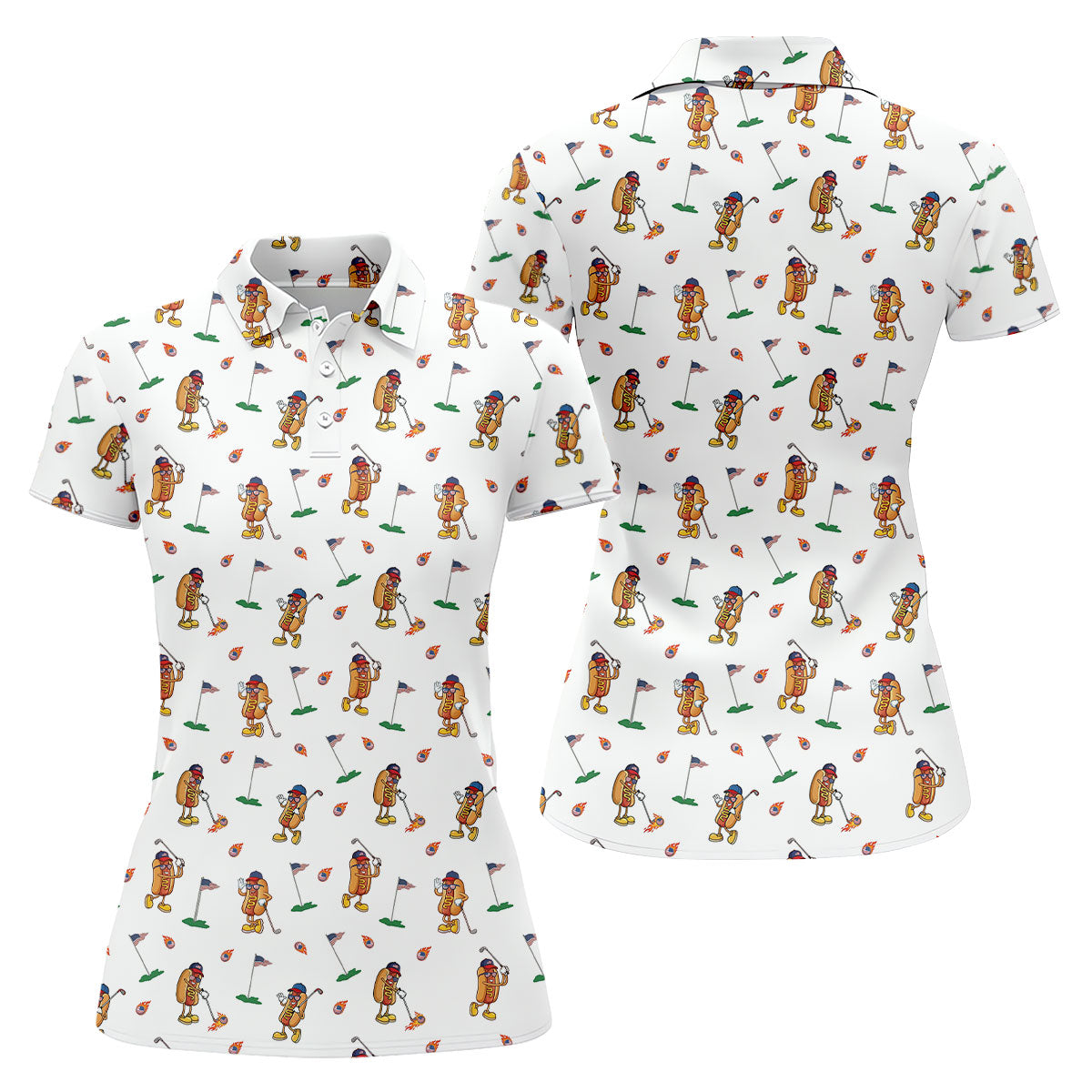 Cartoon Hot Dogs American Flag Pattern 250th Anniversary White Golf Shirt, Women's Golf Tops, Ladies Golf Shirt