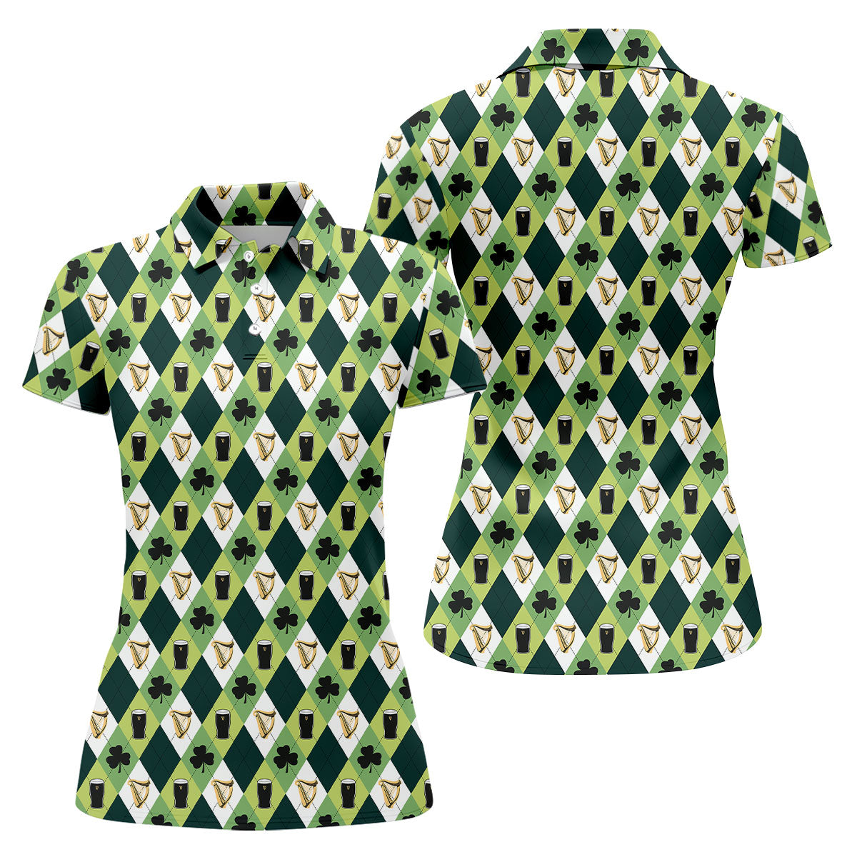 Green And White Argyle Pattern St Patrick's Day Golf Shirt, Women's Golf Shirts, Ladies Golf Polos