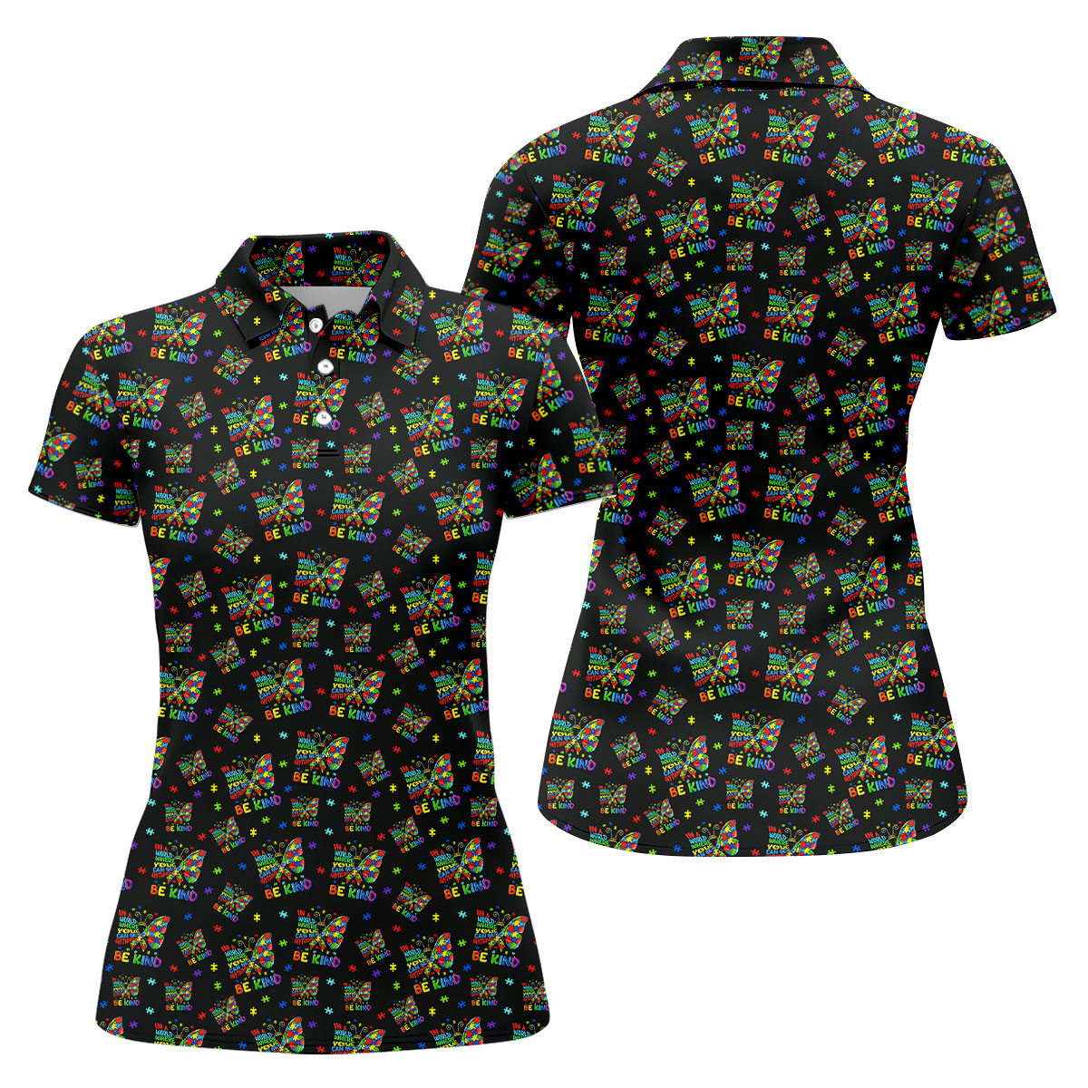 In A World Where You Can Be Anything Be Kind Rainbow Butterfly Autism Awareness Black Golf Shirt, Women's Golf Tops