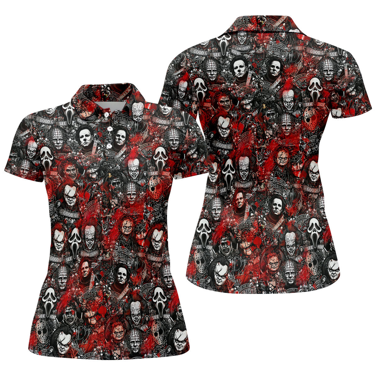 Red Horror Character Collage Halloween Golf Shirt, Women's Golf Polo, Printed Golf Shirt
