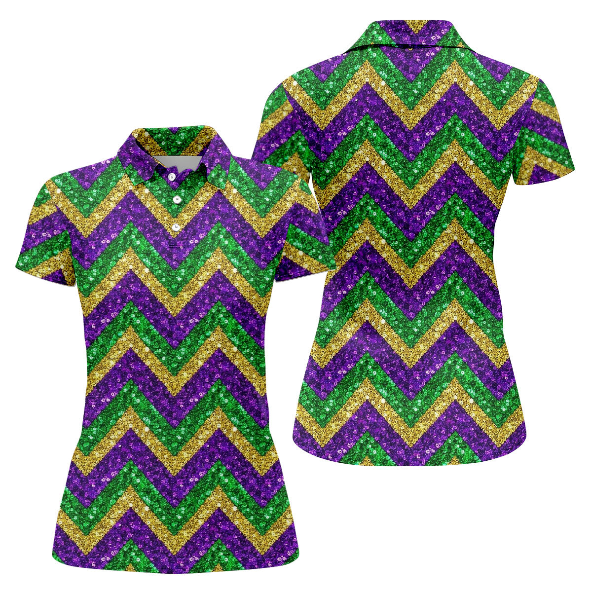 Mardi Gras Purple Gold Green Zigzag Pattern Glitter Print Women's Golf Tops, Women's Golf Shirts, Ladies Golf Polos