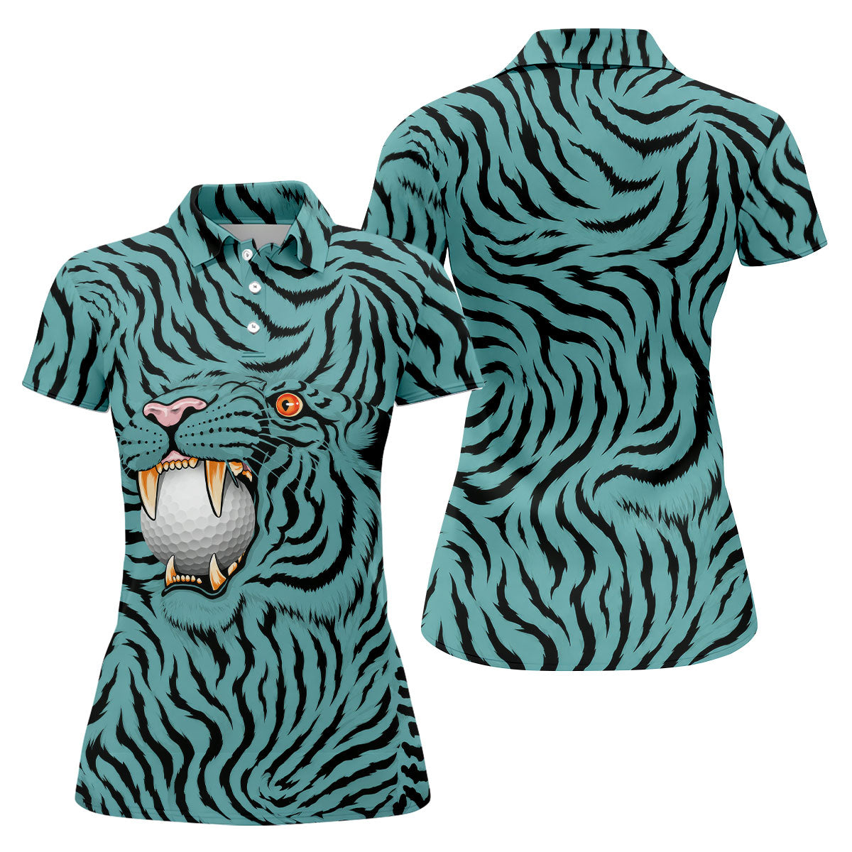 Funny Striped Tiger Biting Golf Ball Polo Shirt, Golf Tops For Women, Women’s Golf Apparel