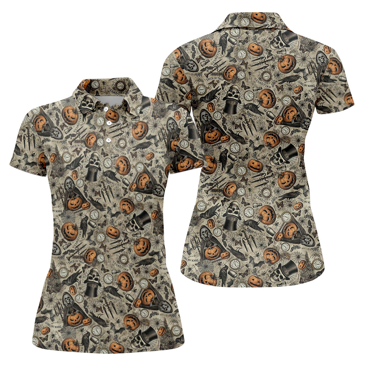 Pumpkin Skull Halloween Sleeveless Golf Shirt, Golf Tops For Women, Womens Golf Tops