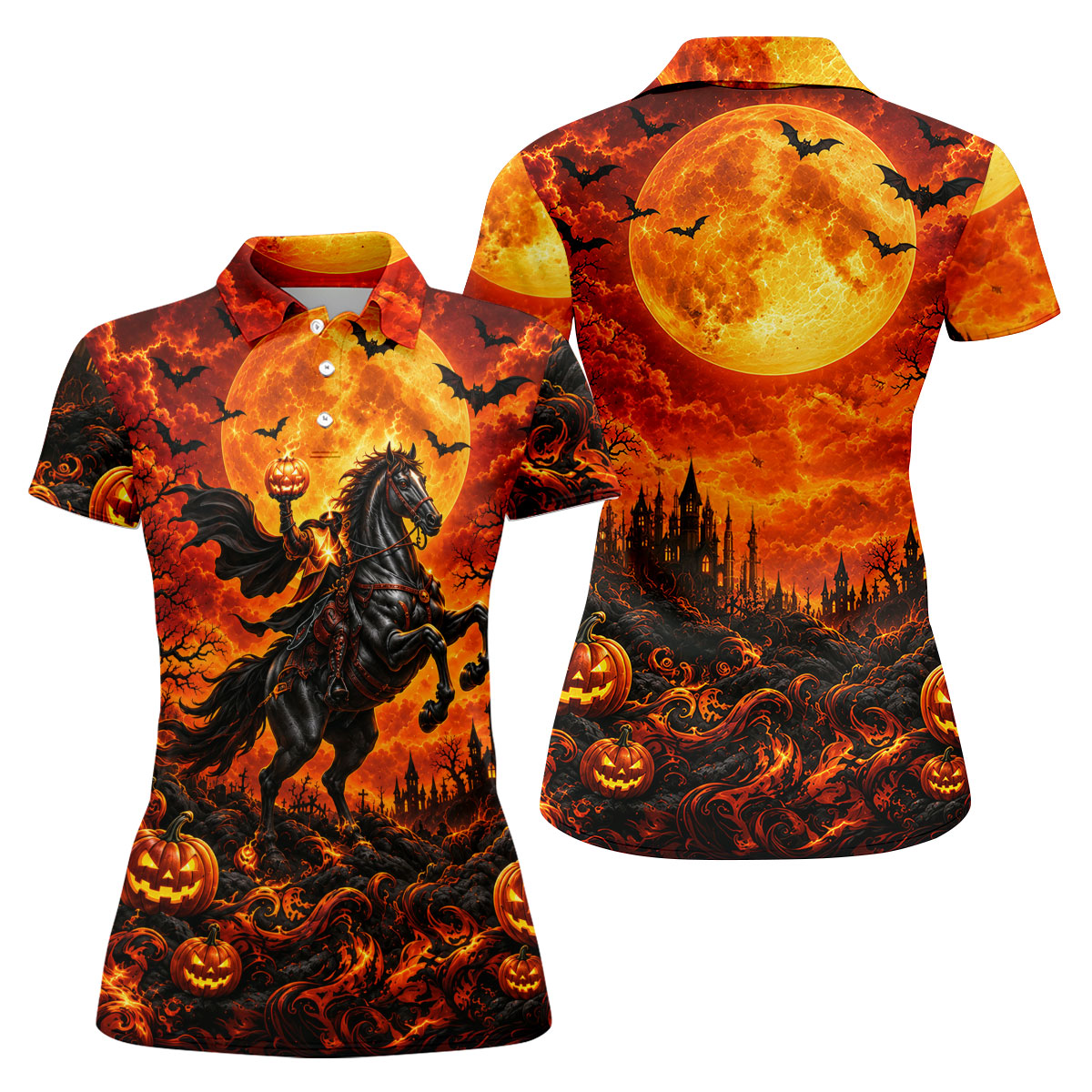 Fire Moon Rider Halloween Horror Character Polo Shirt, Golf Polo, Golf Shirts For Women