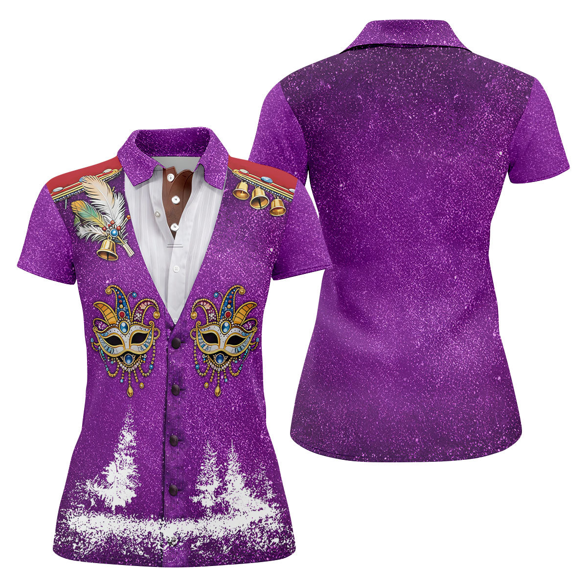 Masquerade Mask Feather Mardi Gras Glitter Print Purple Golf Shirt, Women's Golf Tops, Ladies Golf Shirts
