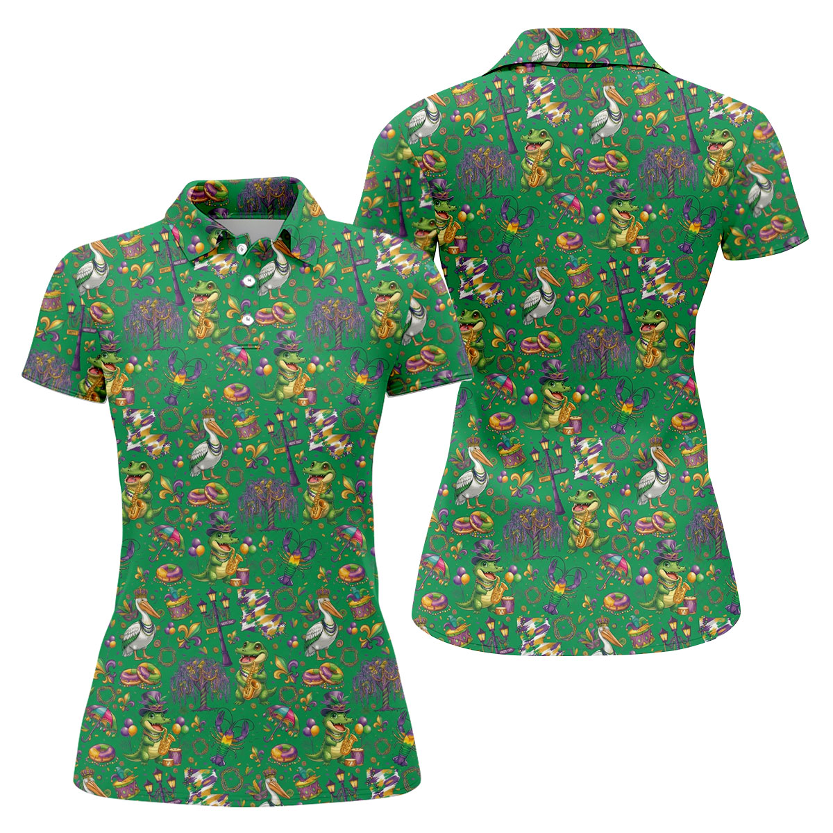 Mardi Gras Fleur De Lis Animal Band Green Golf Shirt, Women's Golf Shirts, Ladies Golf Polos