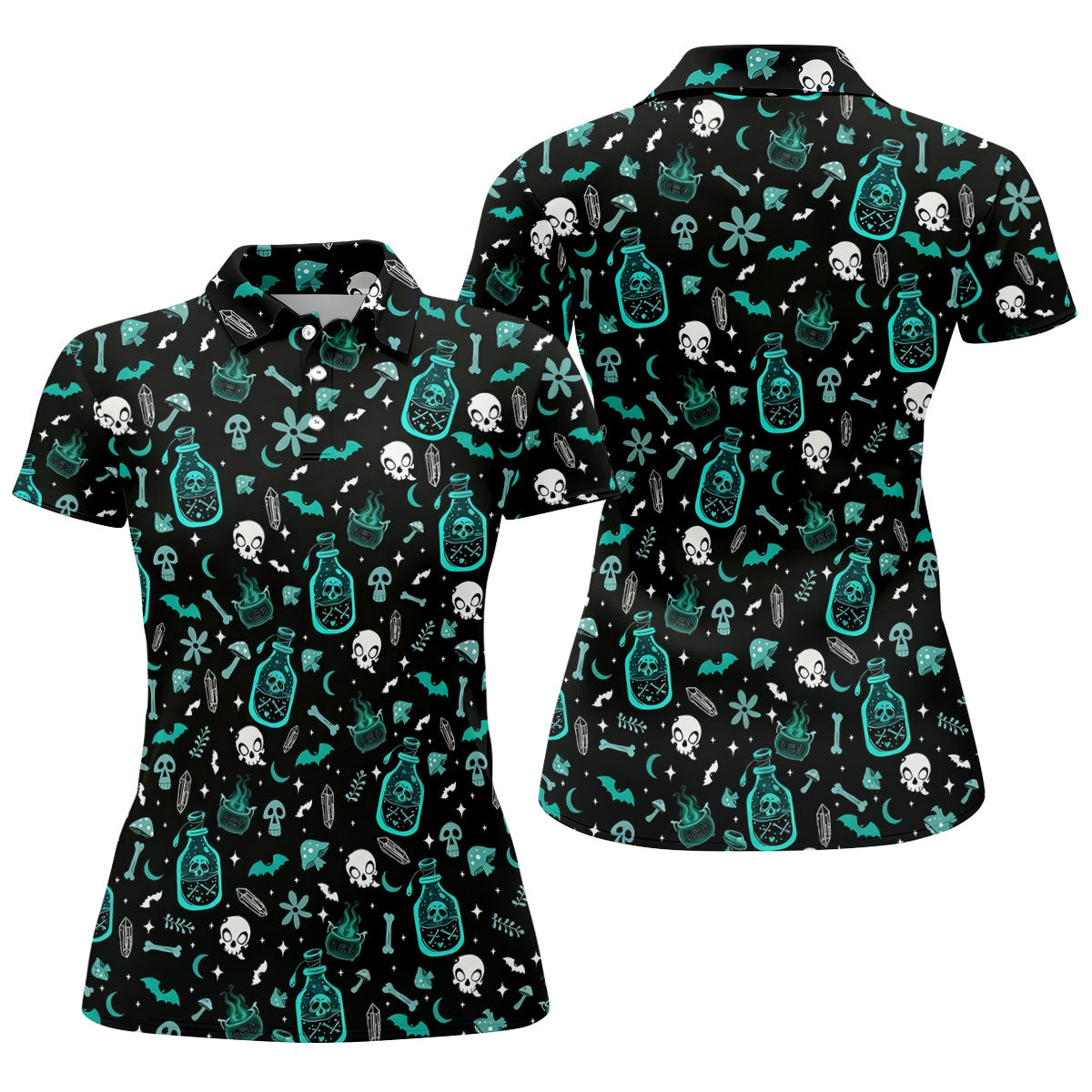 Skull Potion Halloween Pattern Polo Shirt, Golf Tops For Women, Womens Golf Apparel