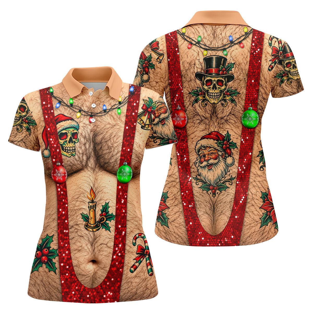 Santa Skull Hairy Chest Christmas Golf Shirt, Womens Golf Tops, Ladies Golf Shirts